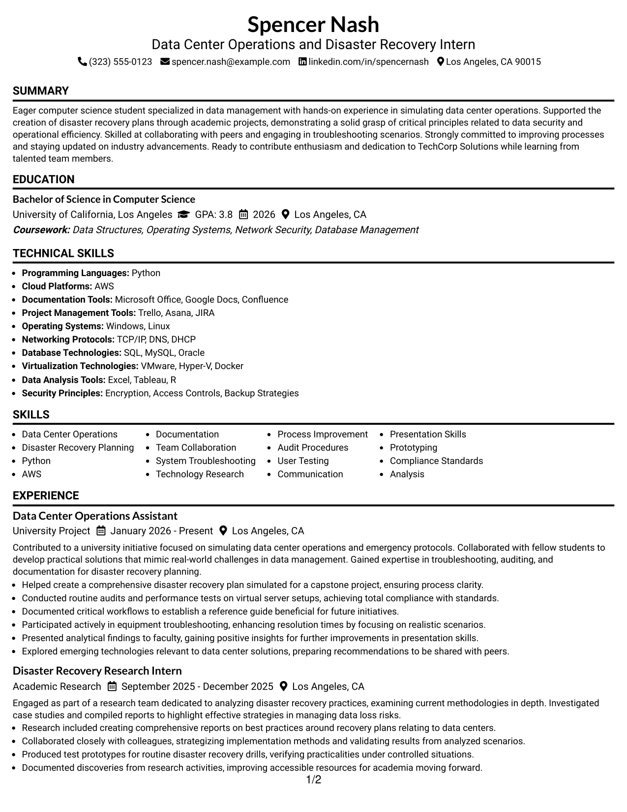 Resume Example Page 1