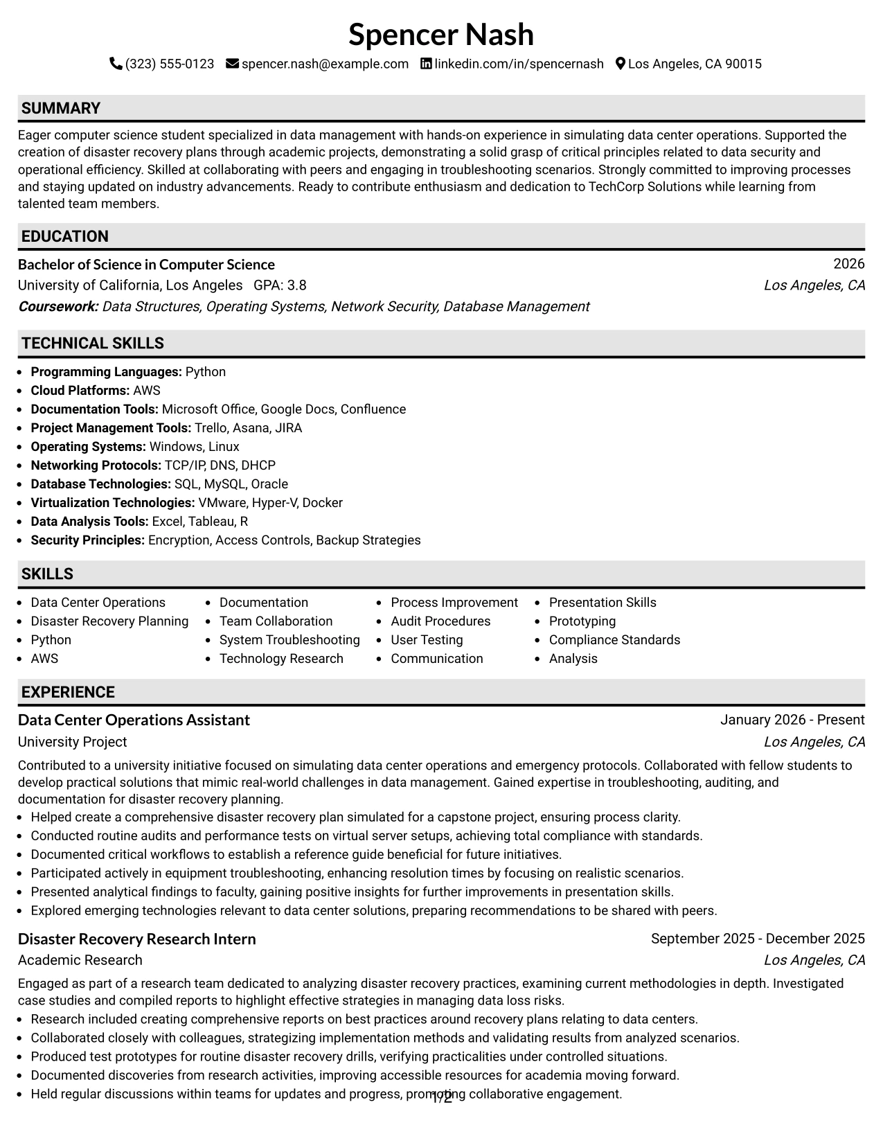 Resume Example Page 1