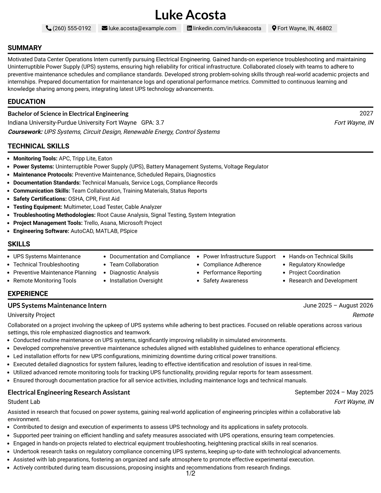 Resume Example Page 1