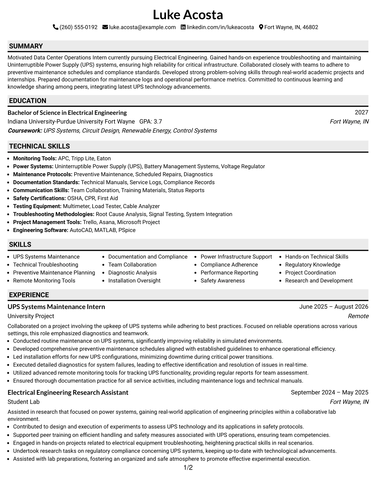 Resume Example Page 1