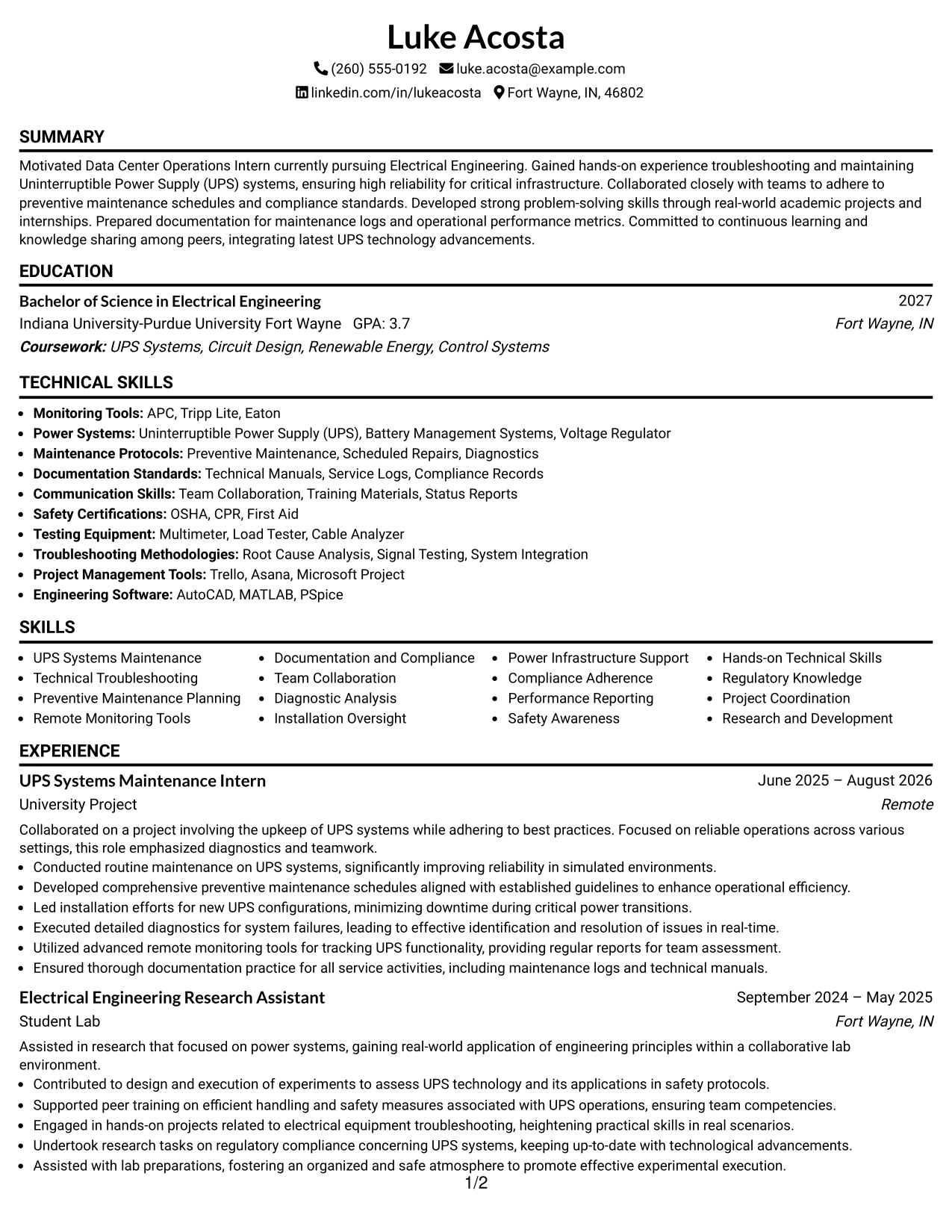 Resume Example Page 1