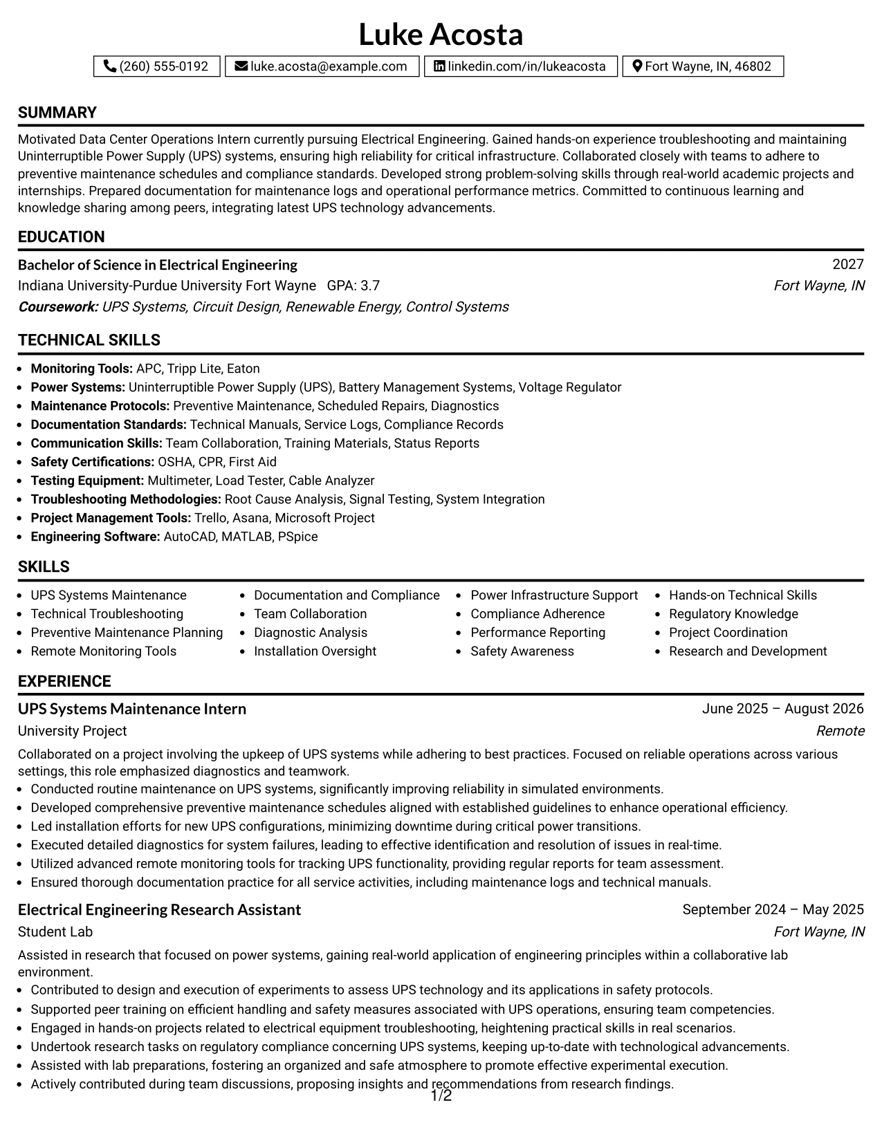 Resume Example Page 1
