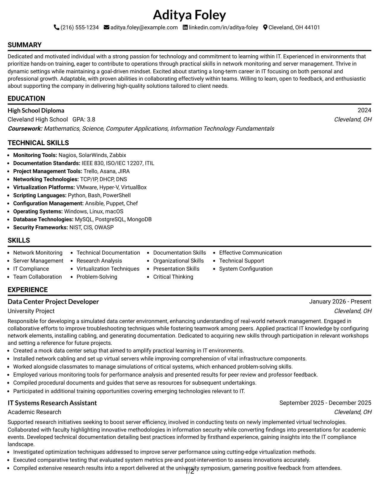 Resume Example Page 1