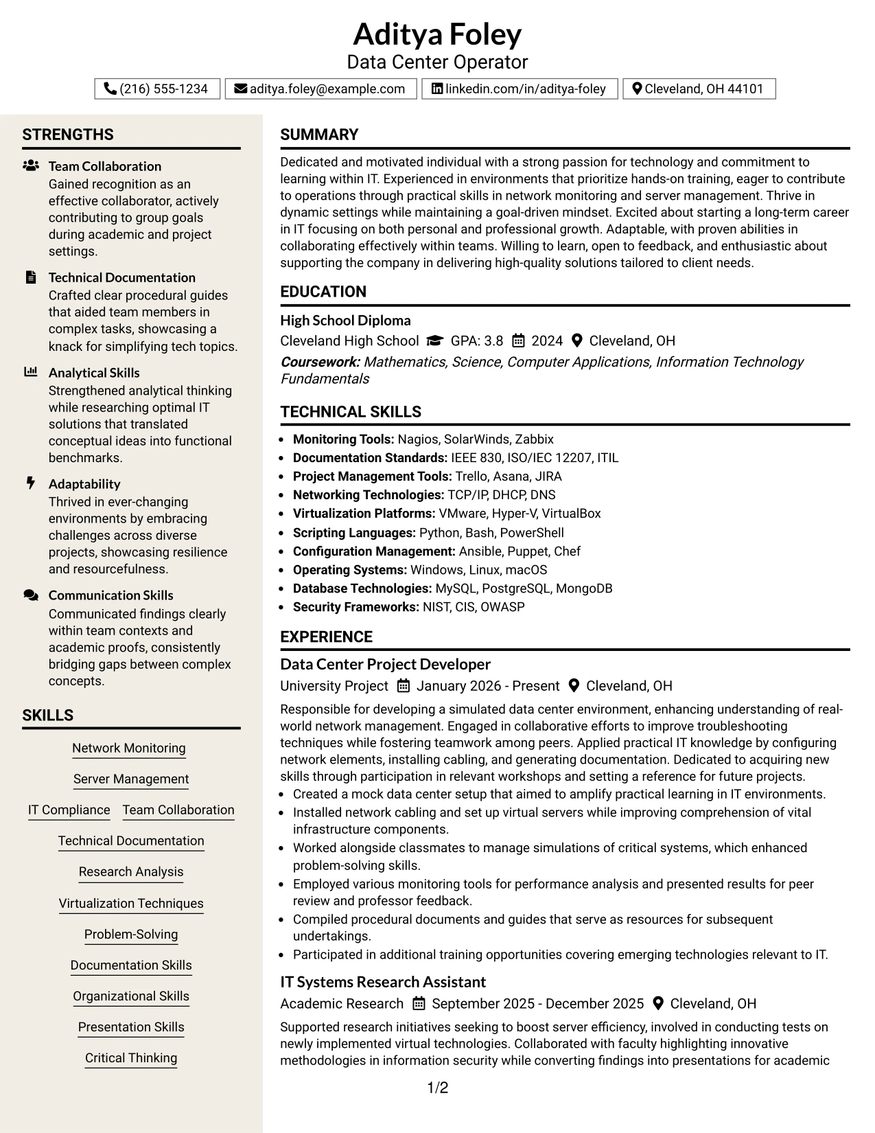 Resume Example Page 1