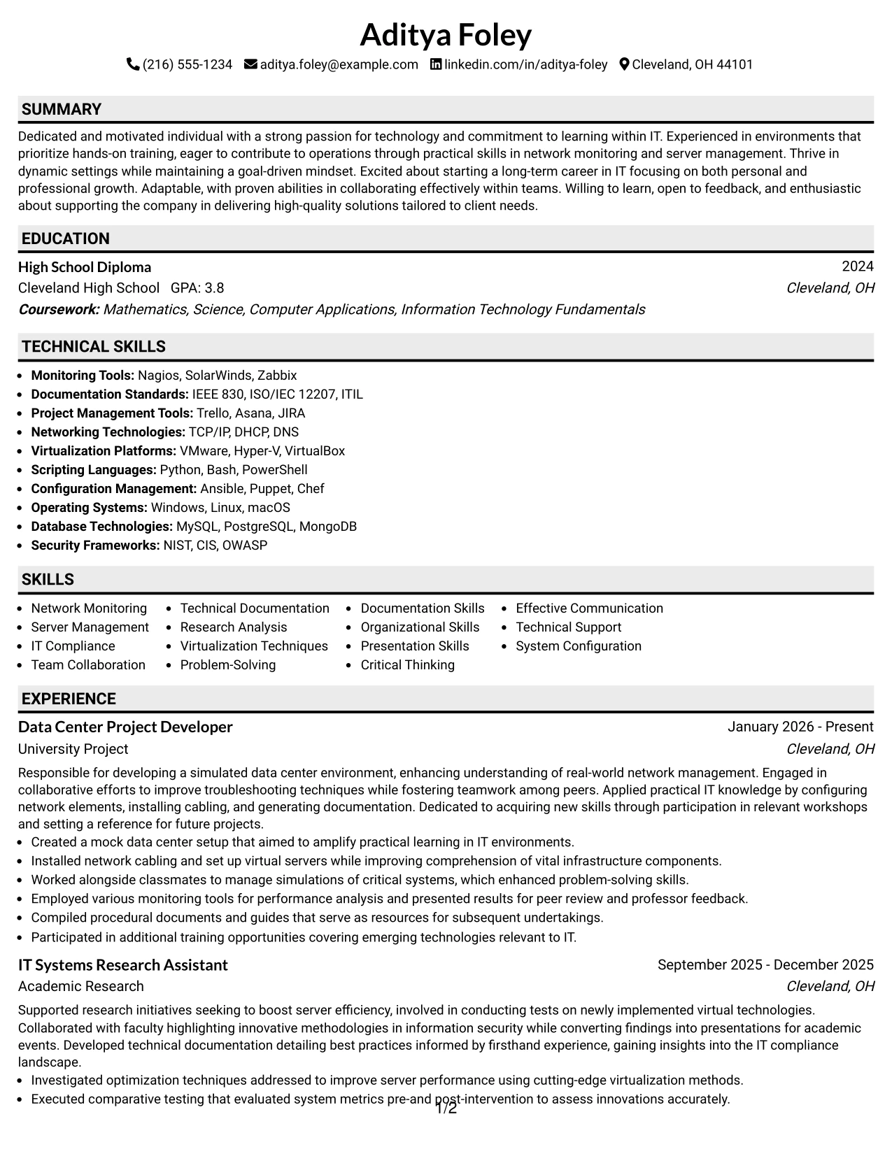 Resume Example Page 1