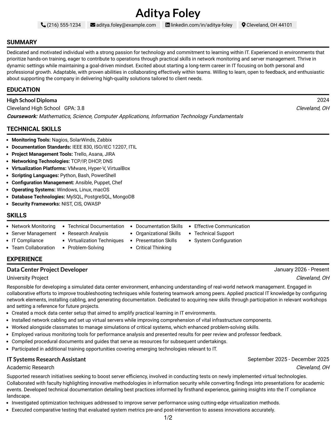 Resume Example Page 1