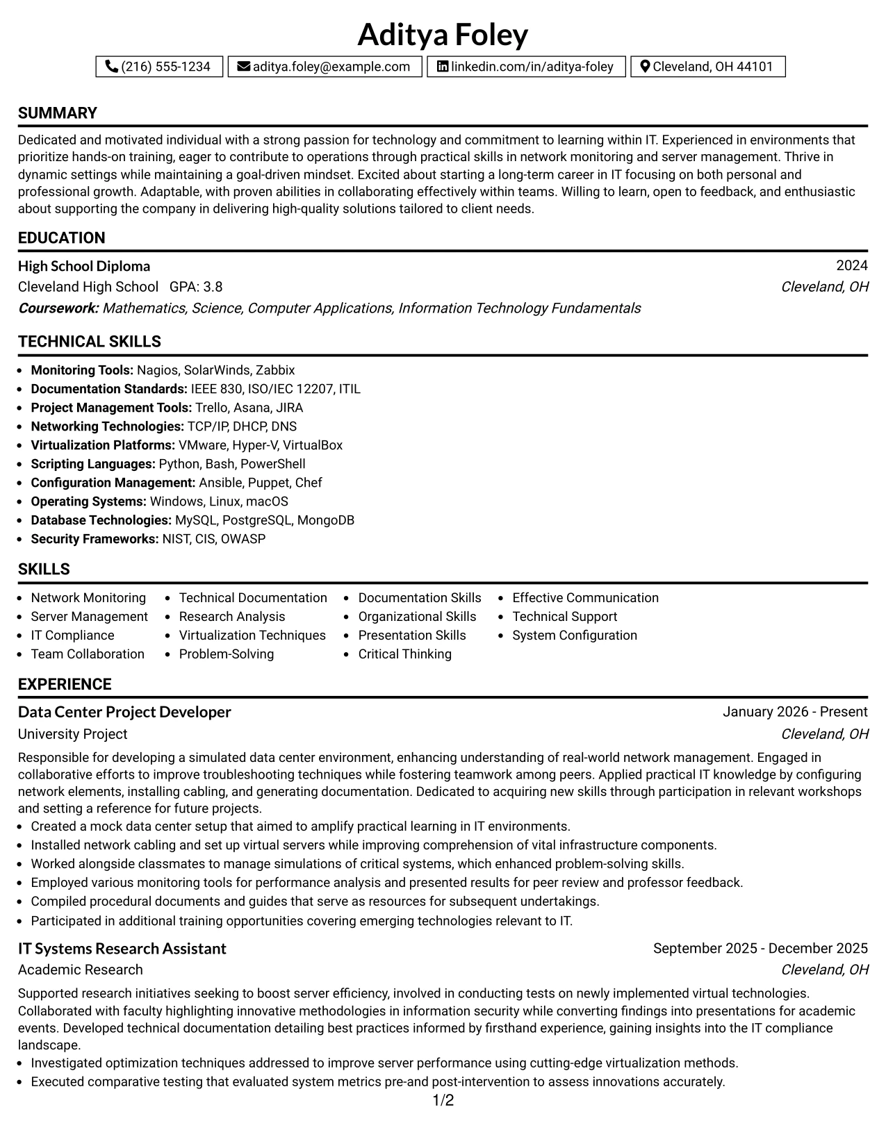 Resume Example Page 1
