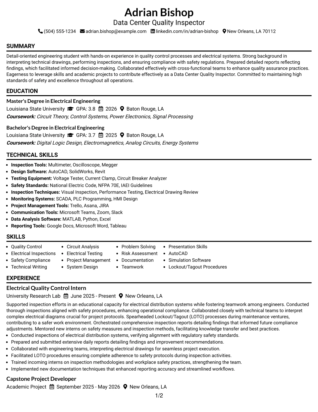 Resume Example Page 1