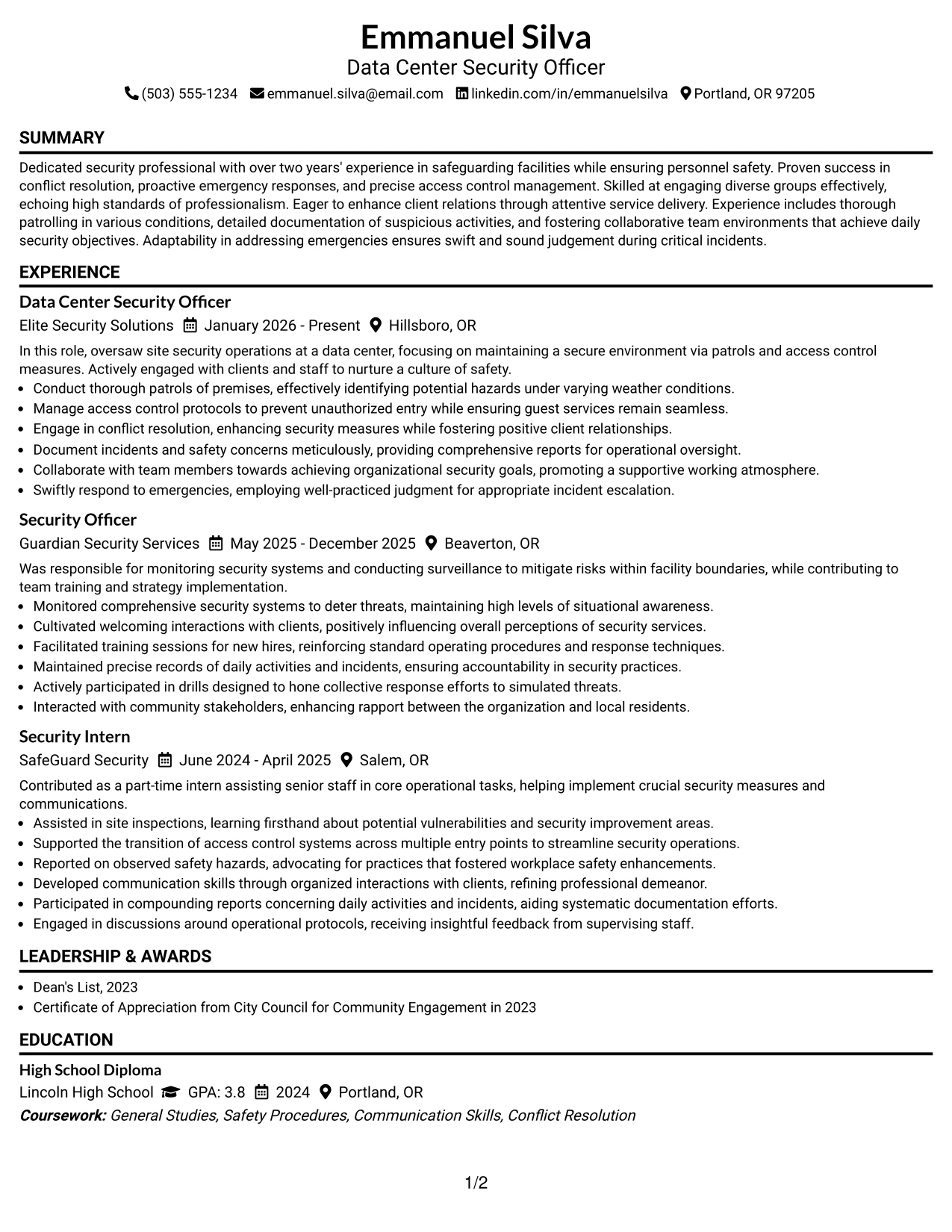 Resume Example Page 1