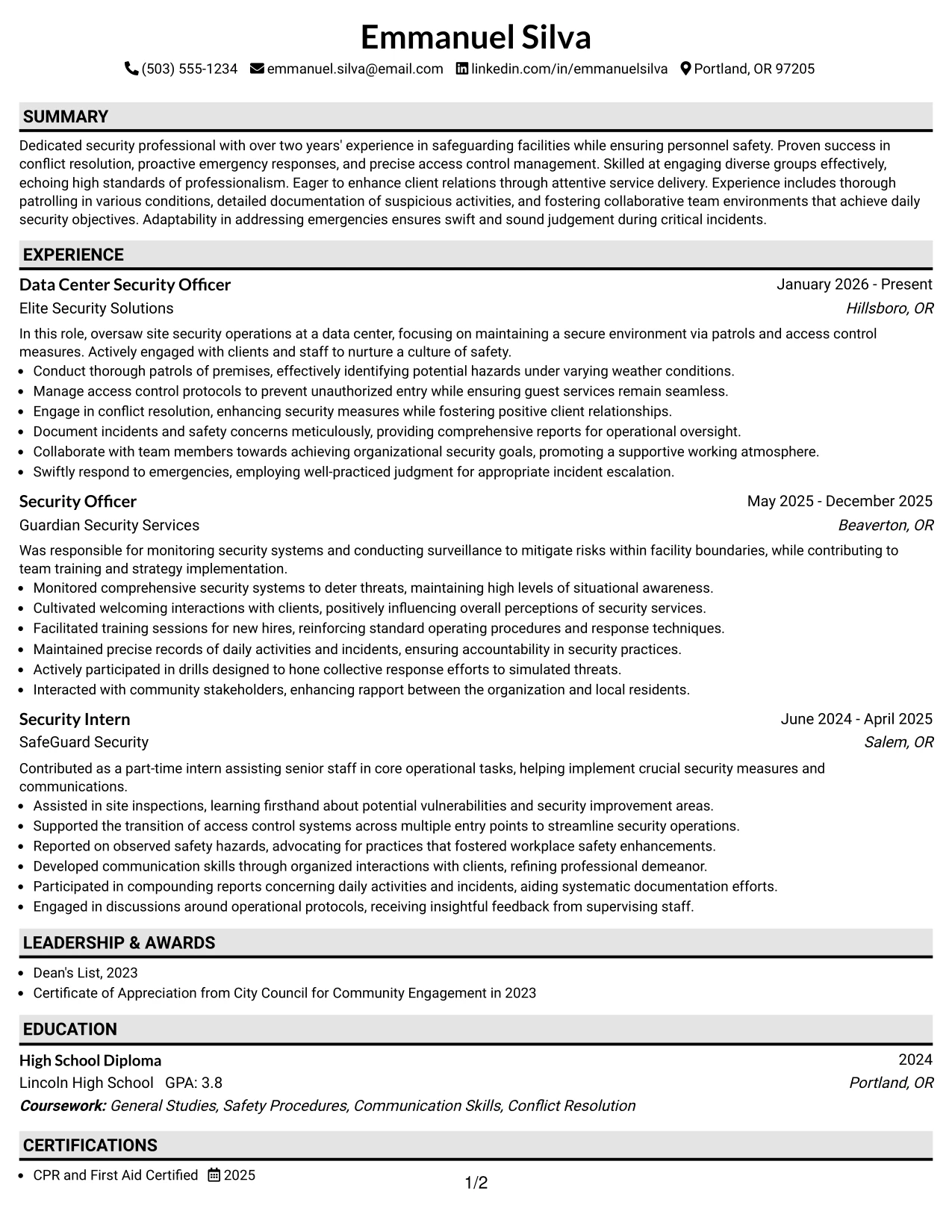 Resume Example Page 1