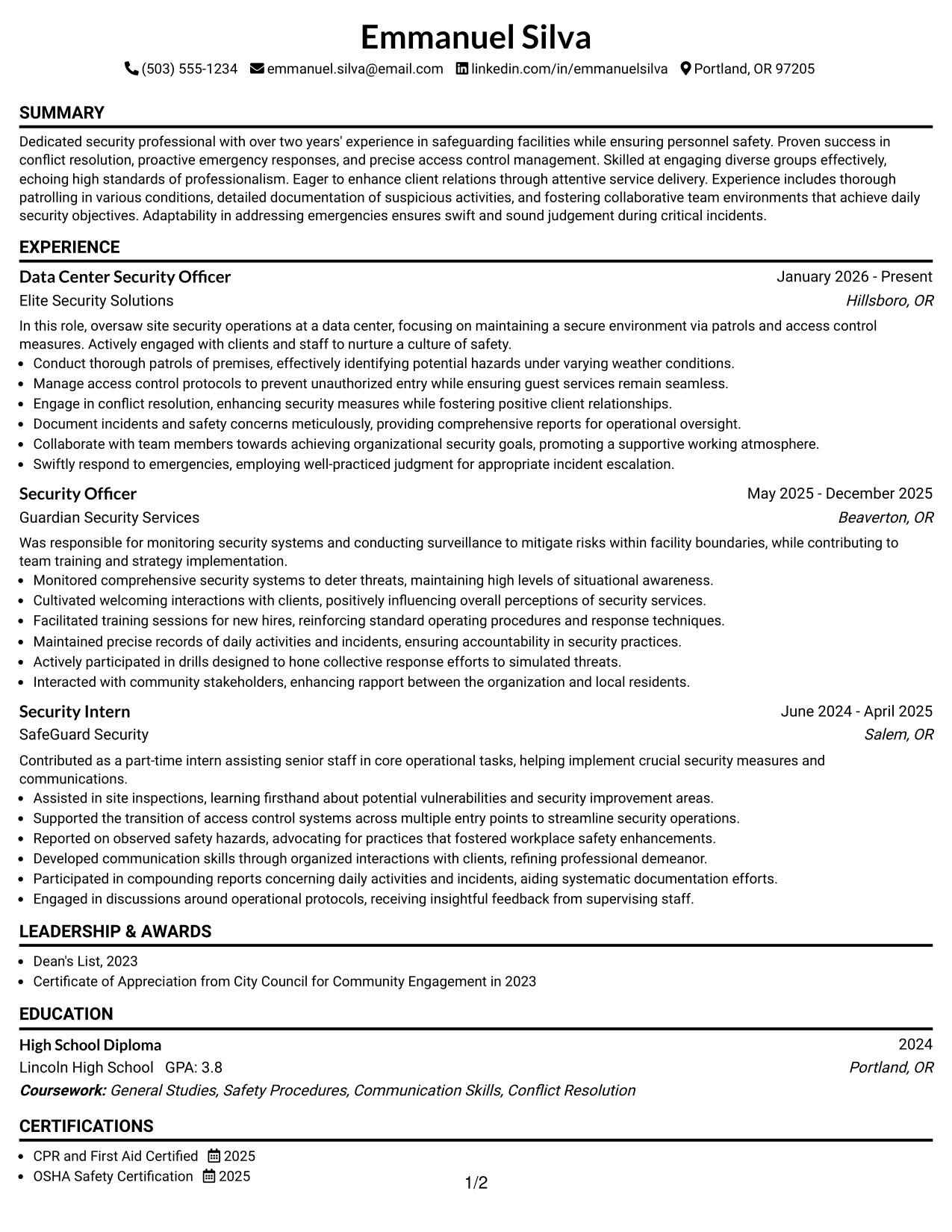 Resume Example Page 1