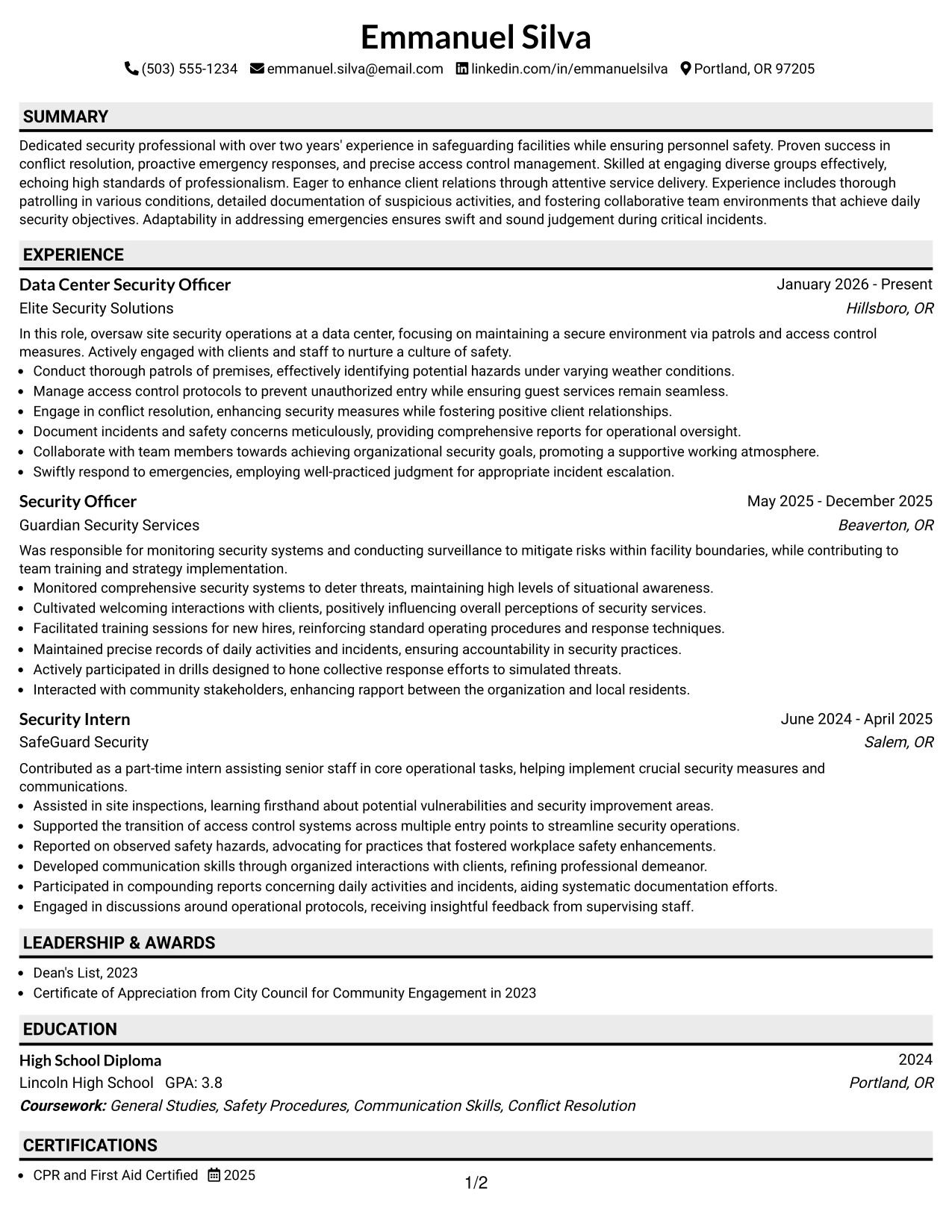 Resume Example Page 1