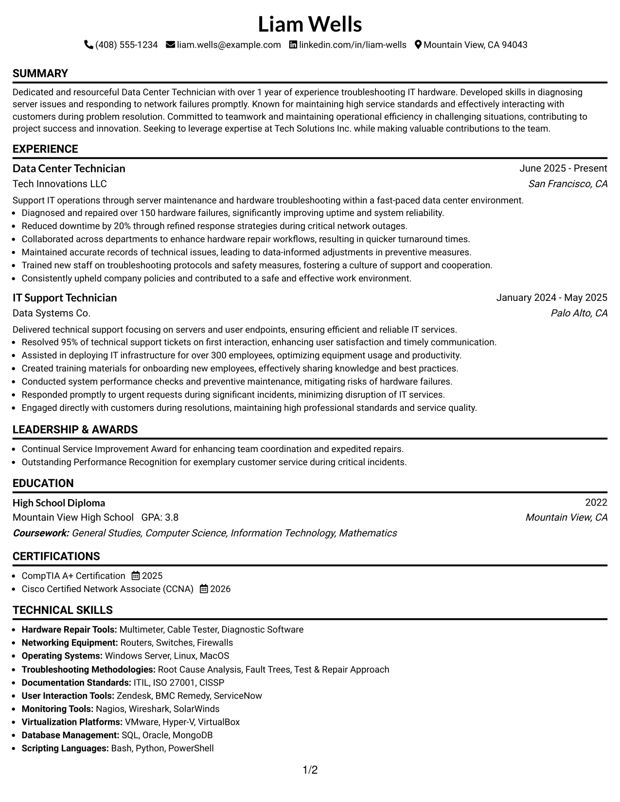Resume Example Page 1