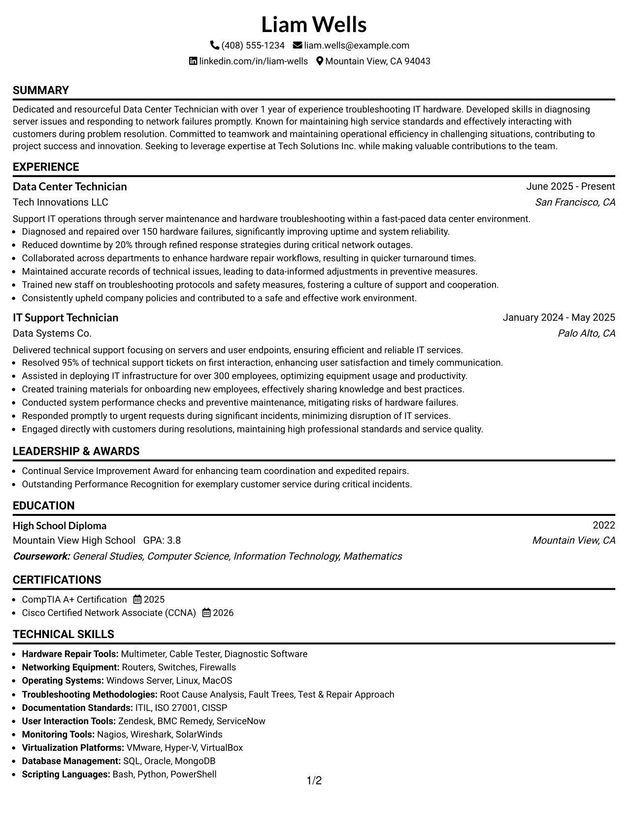 Resume Example Page 1