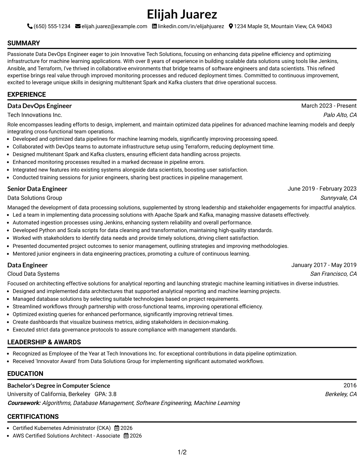 Resume Example Page 1