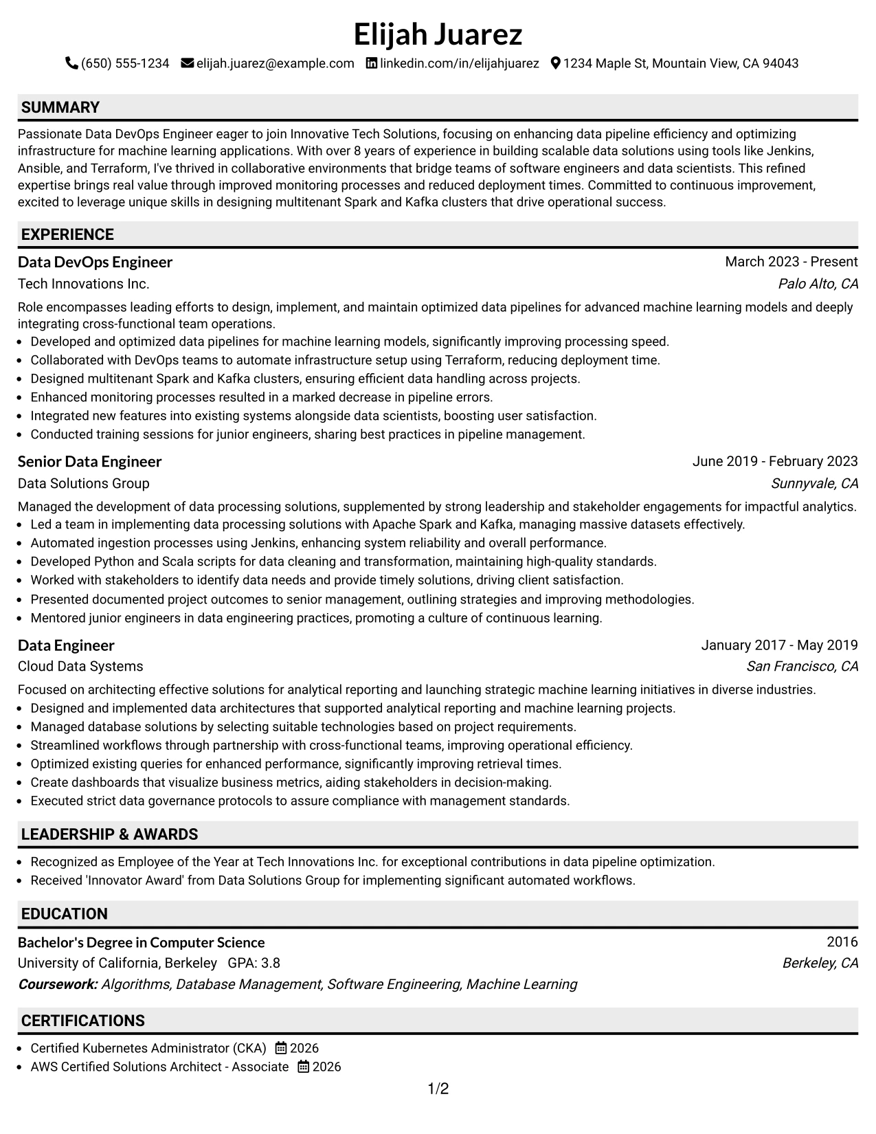 Resume Example Page 1