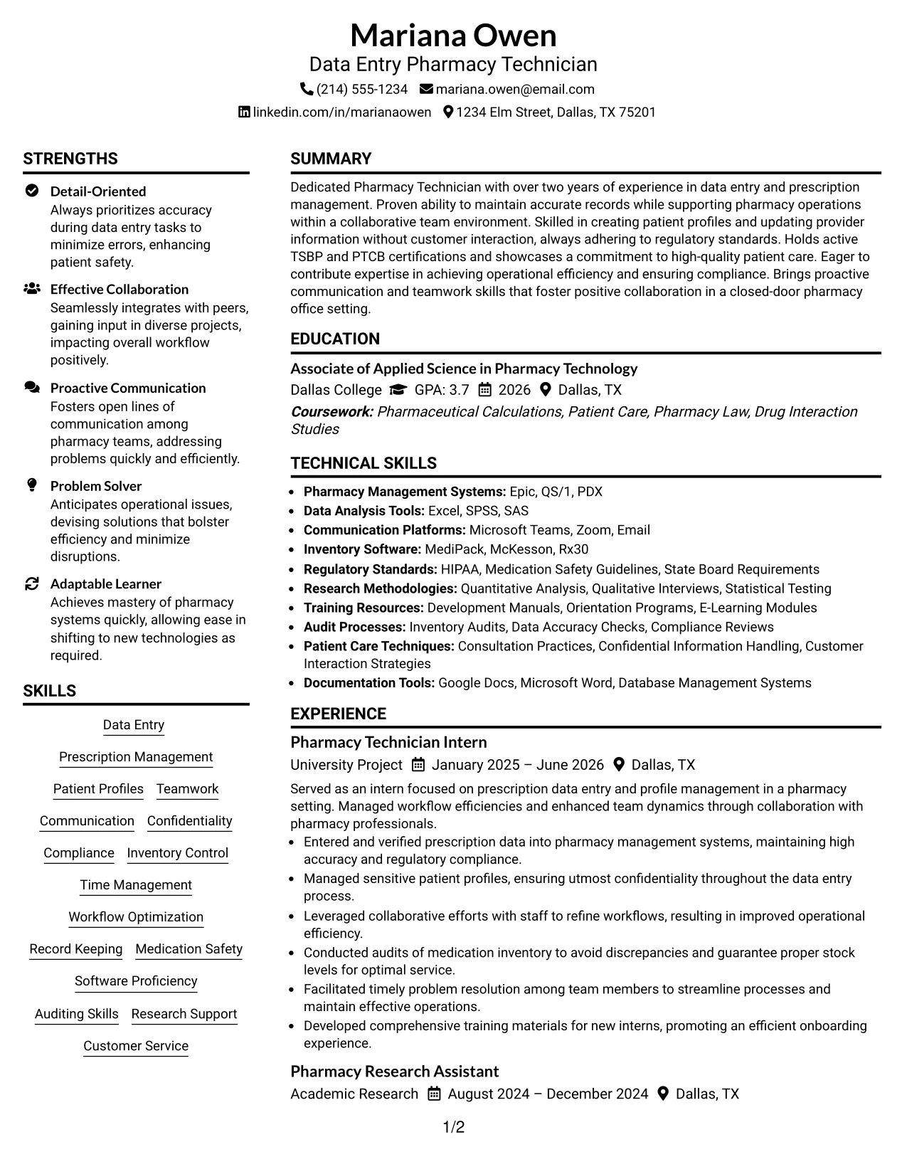 Resume Example Page 1