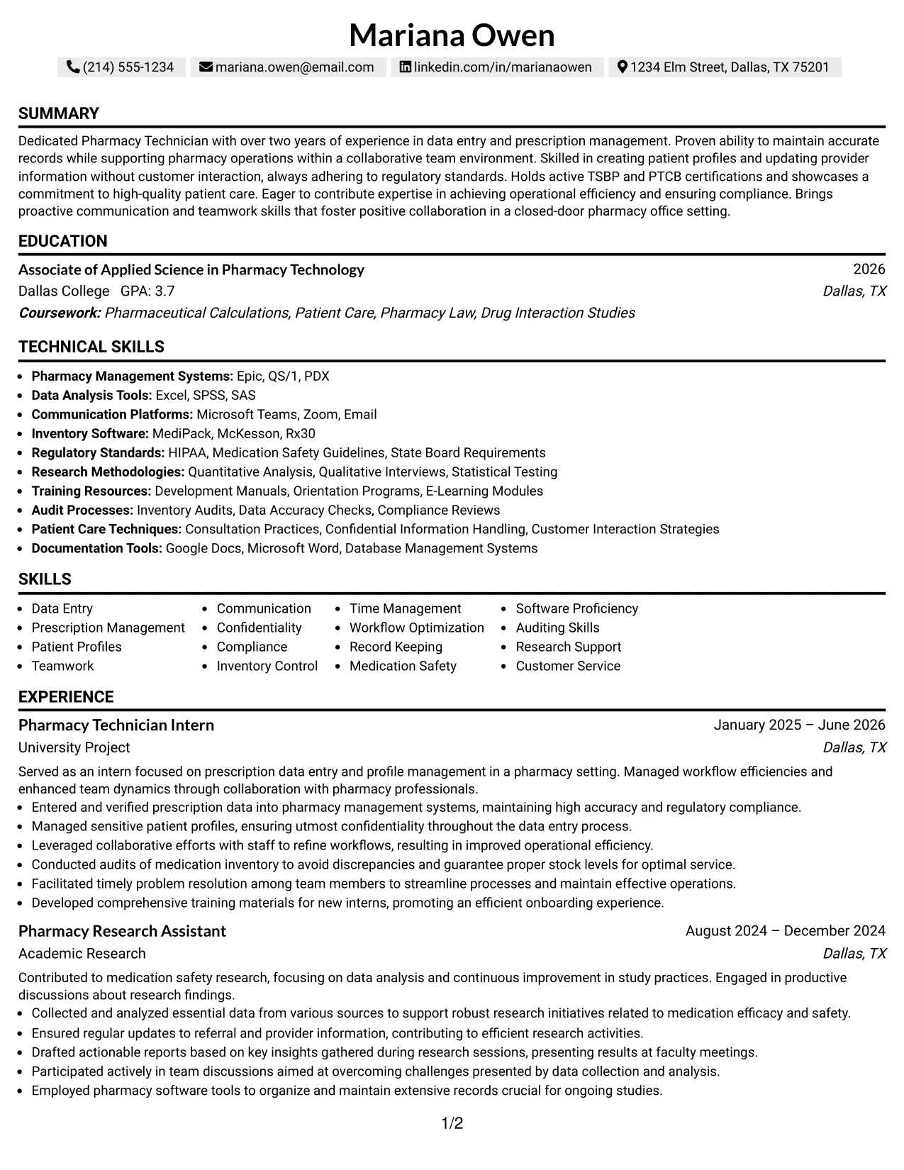 Resume Example Page 1