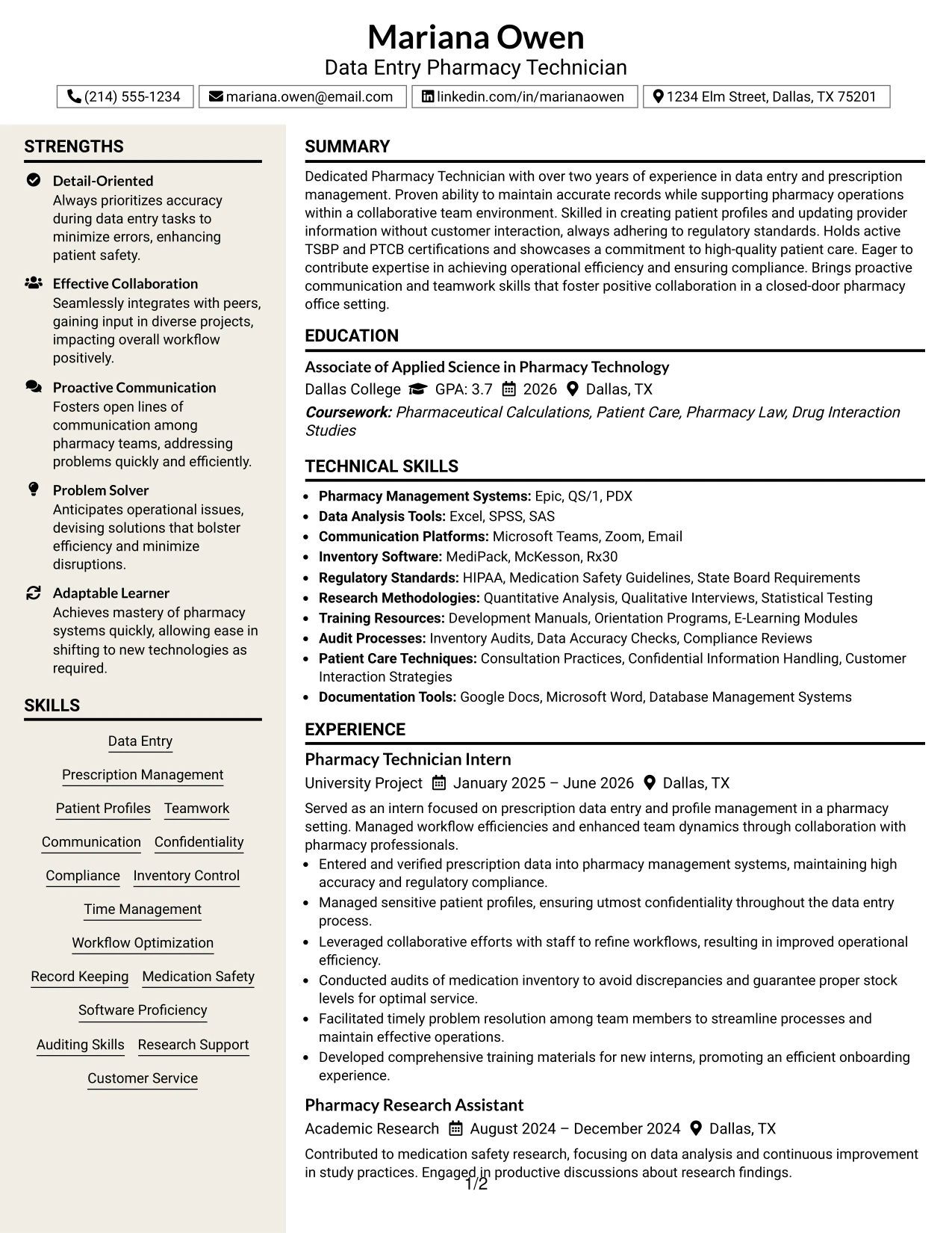 Resume Example Page 1