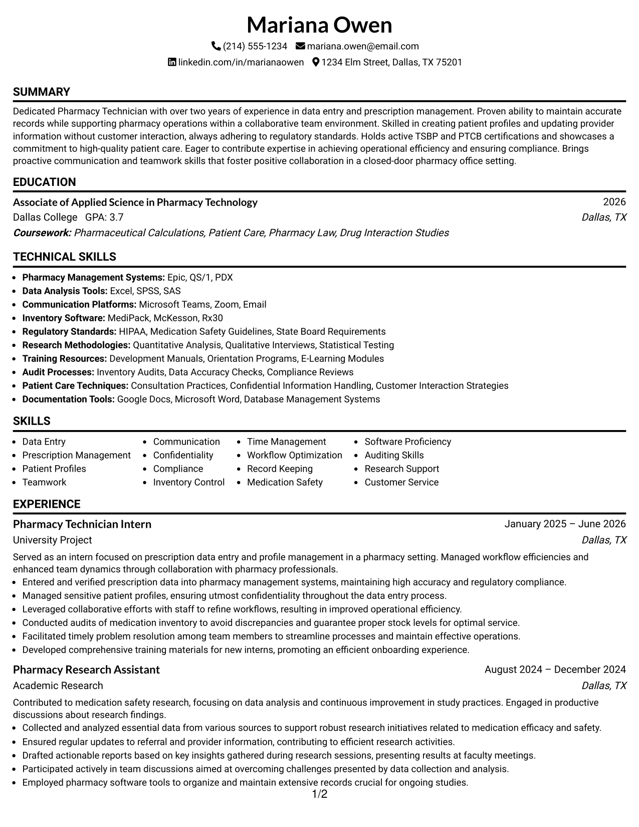 Resume Example Page 1