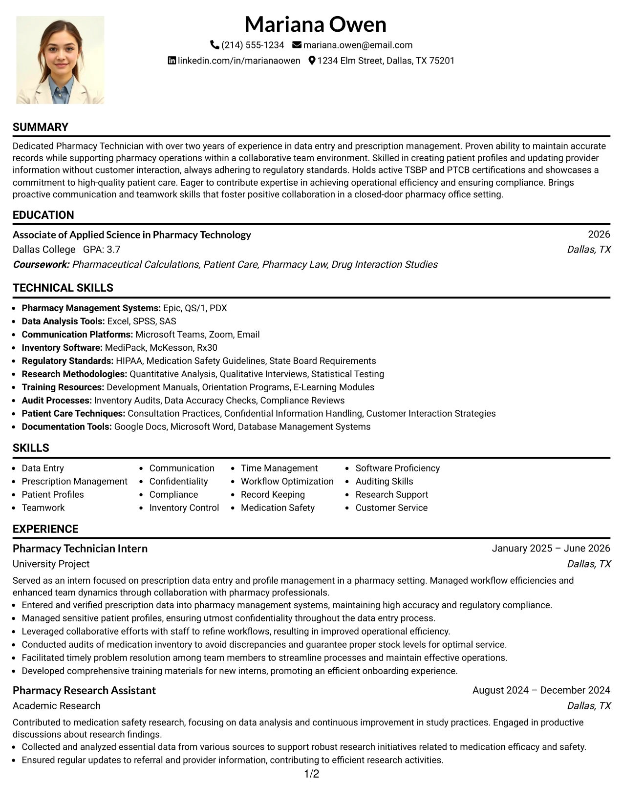 Resume Example Page 1