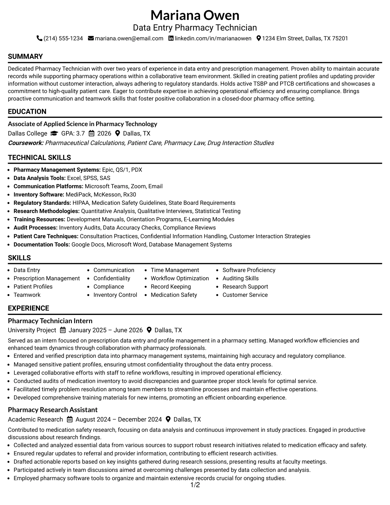 Resume Example Page 1