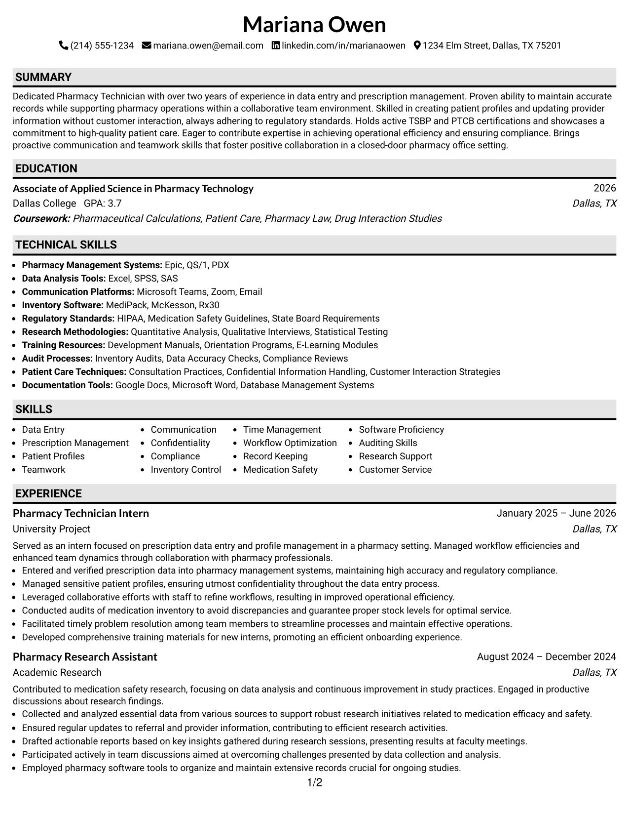 Resume Example Page 1