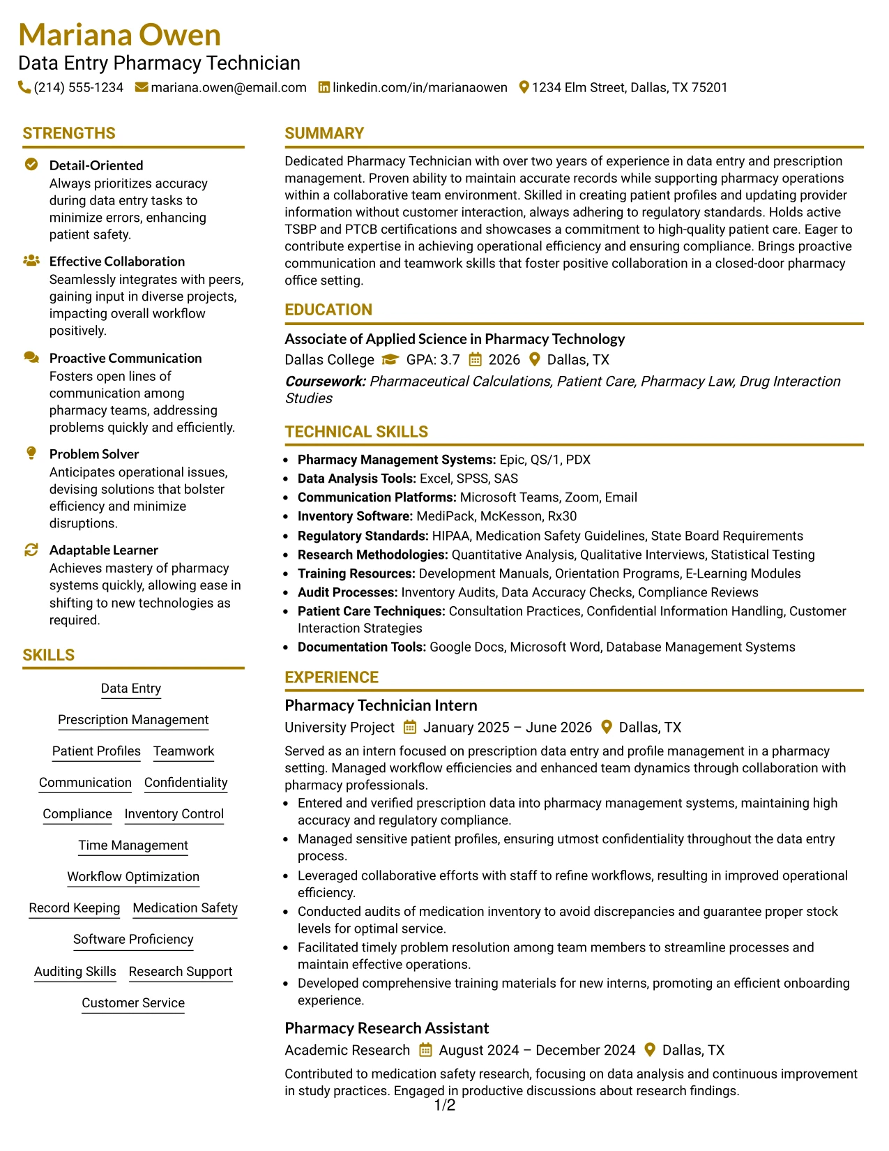 Resume Example Page 1