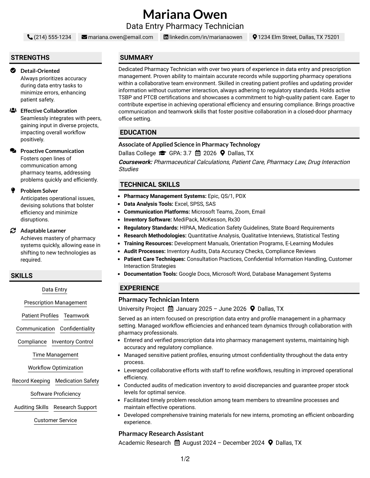 Resume Example Page 1