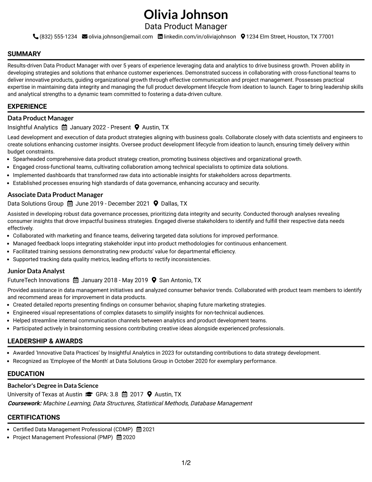 Resume Example Page 1