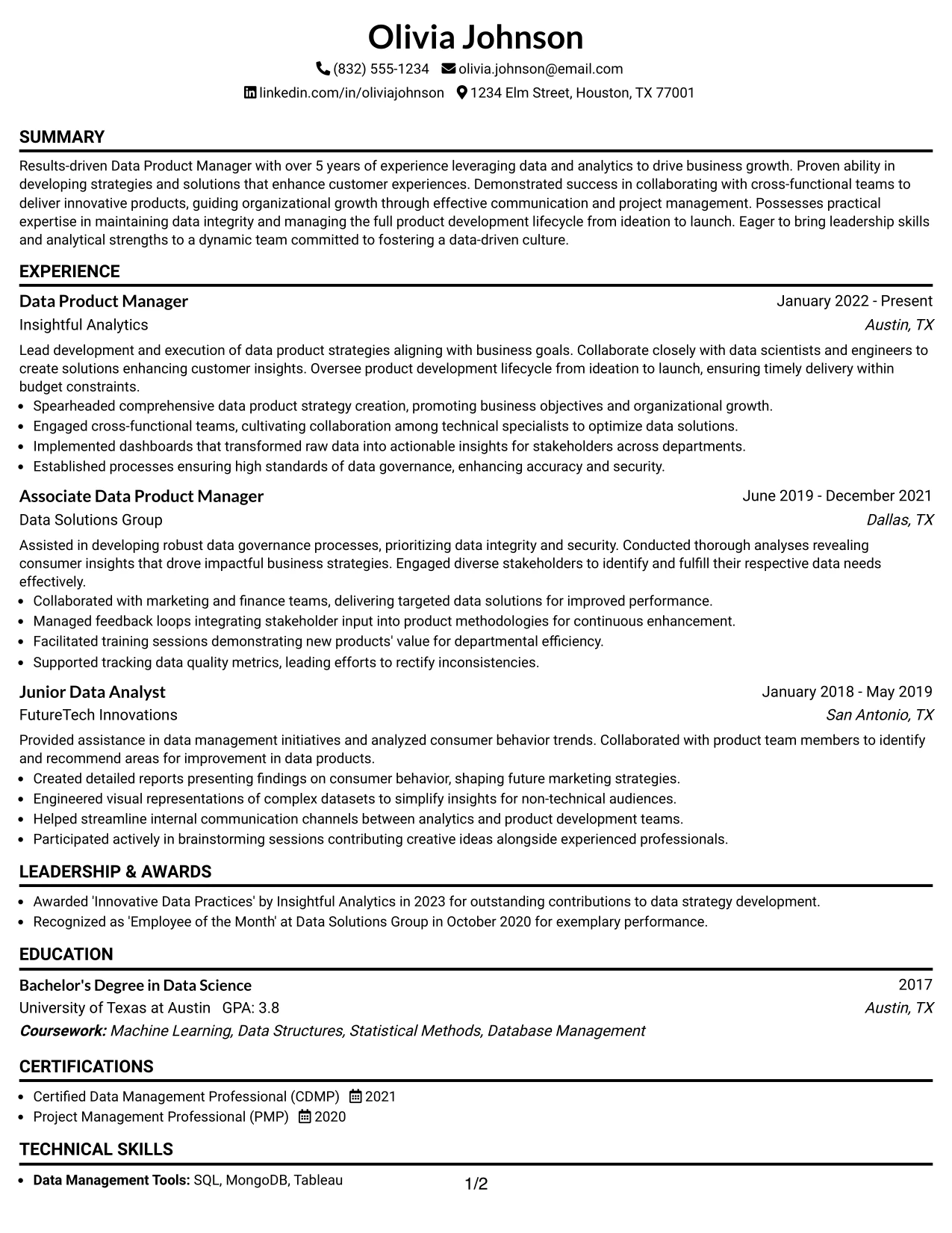 Resume Example Page 1