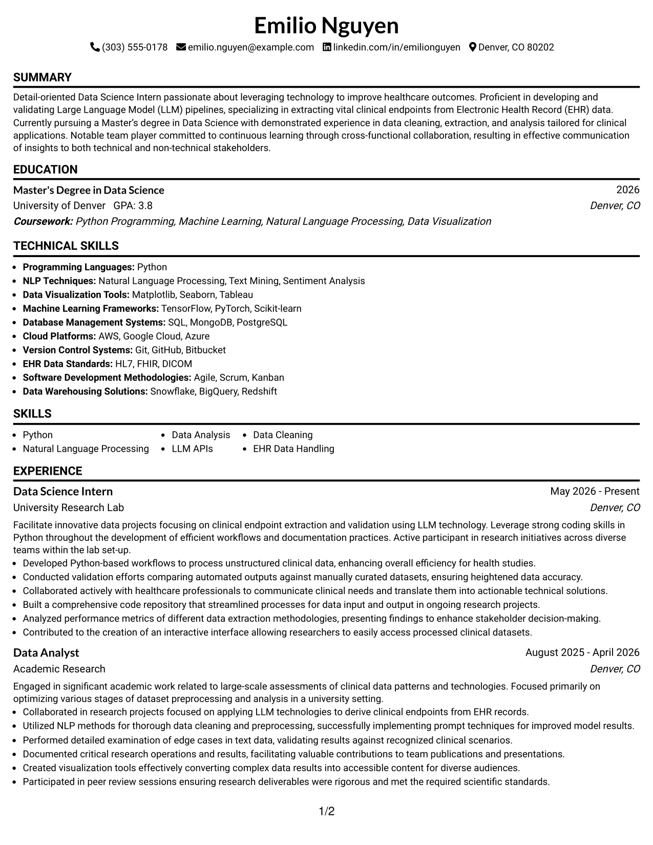 Resume Example Page 1