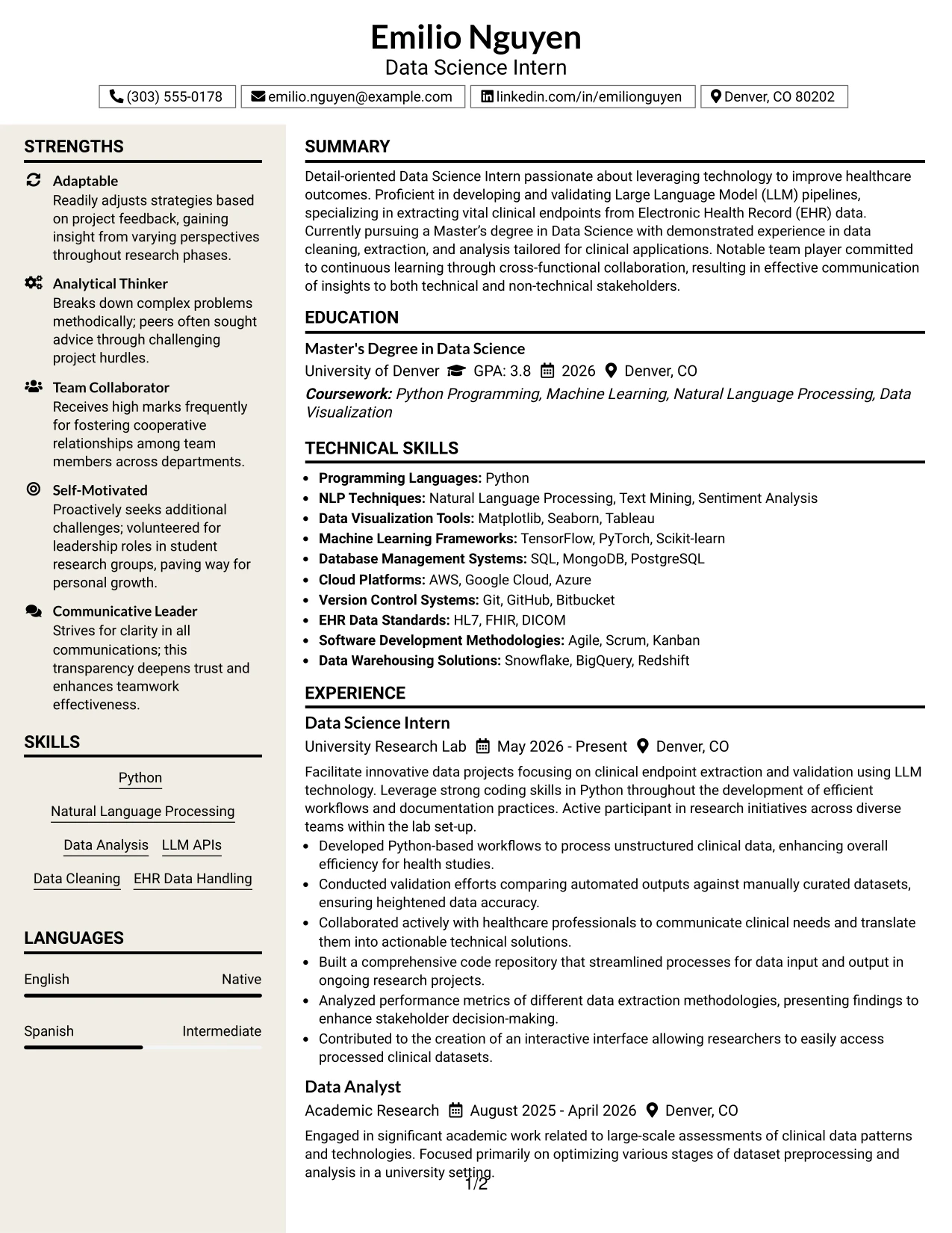Resume Example Page 1