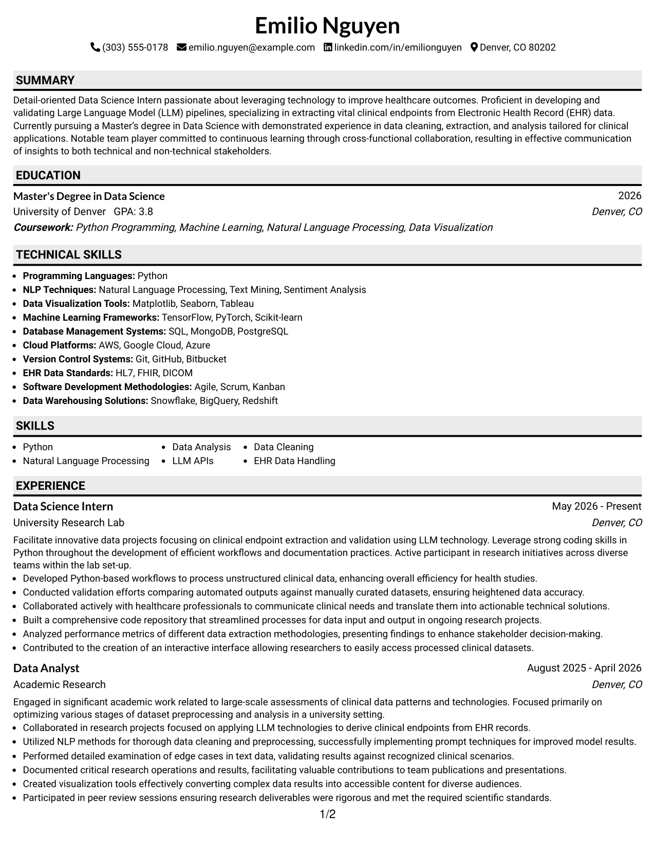 Resume Example Page 1