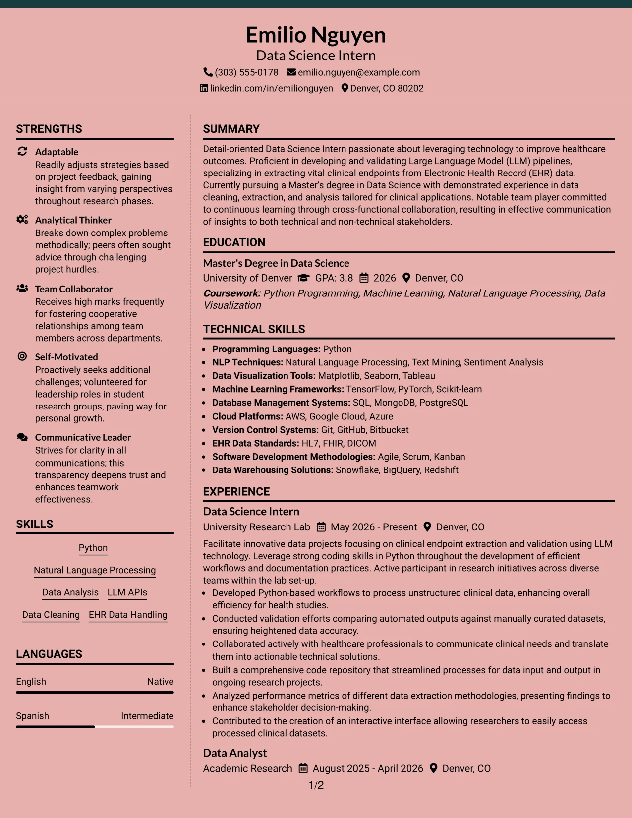 Resume Example Page 1
