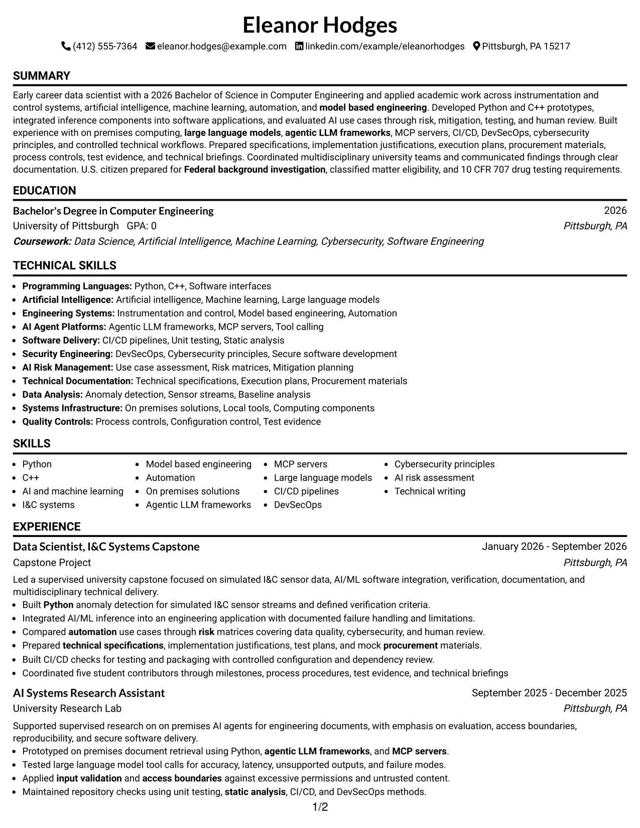 Resume Example Page 1