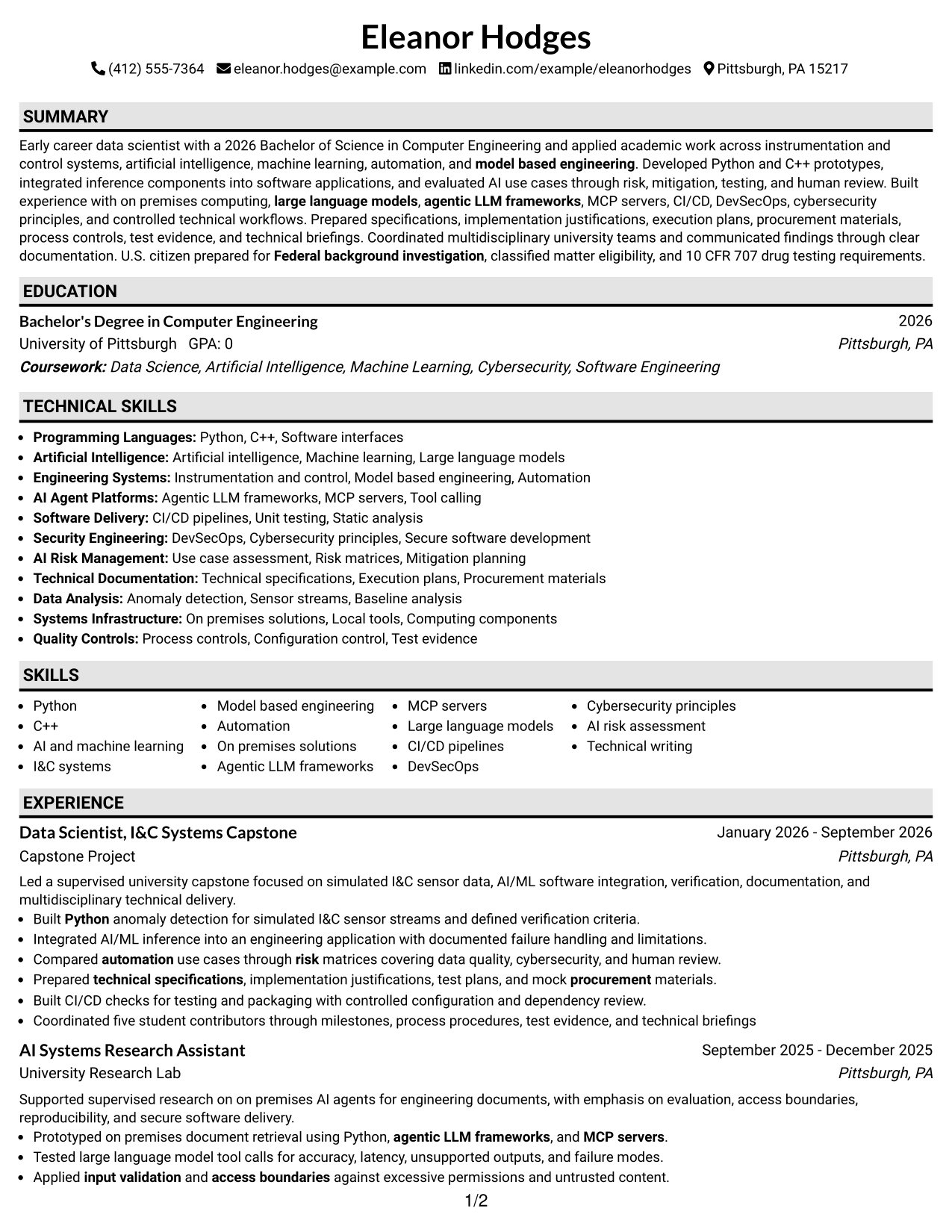 Resume Example Page 1
