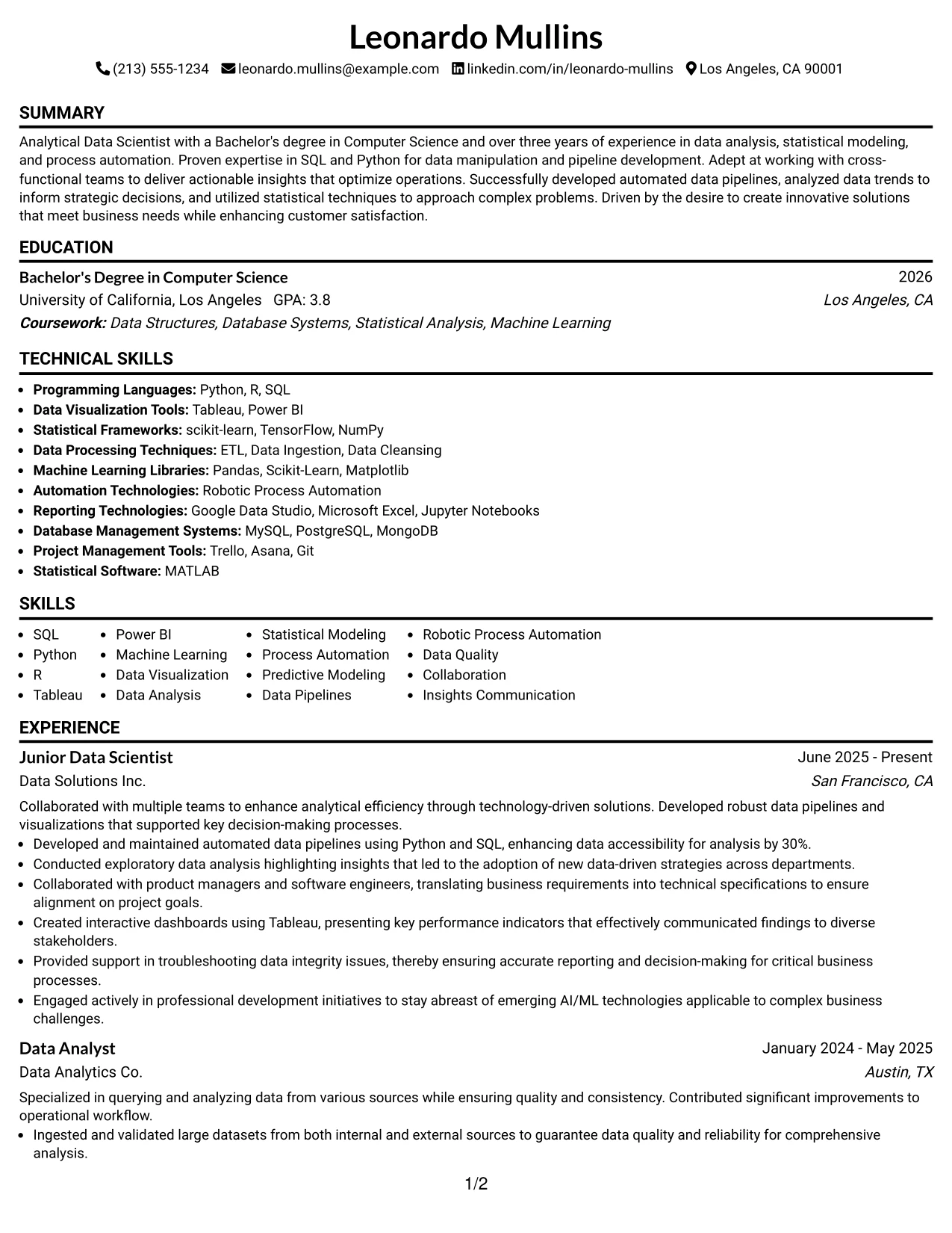 Resume Example Page 1