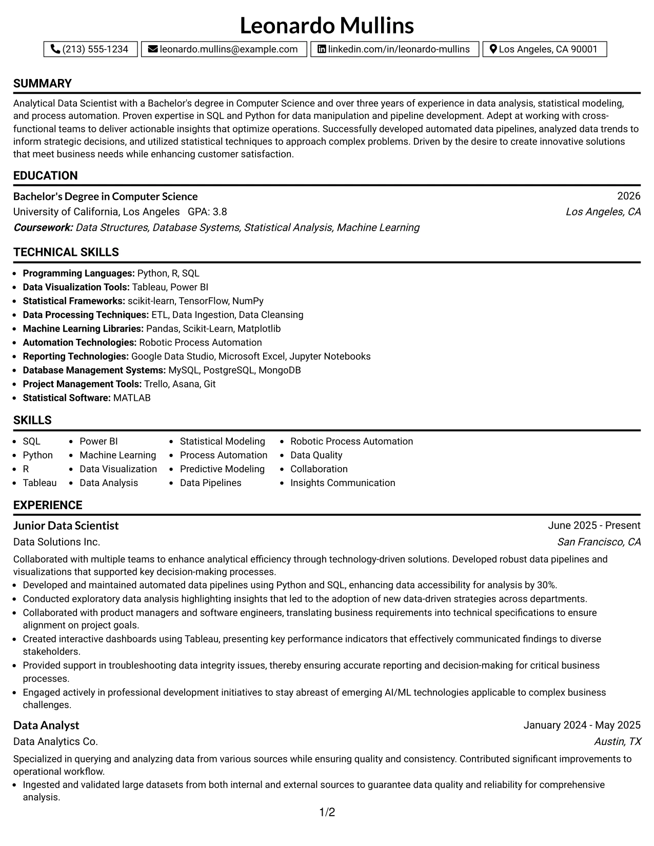 Resume Example Page 1