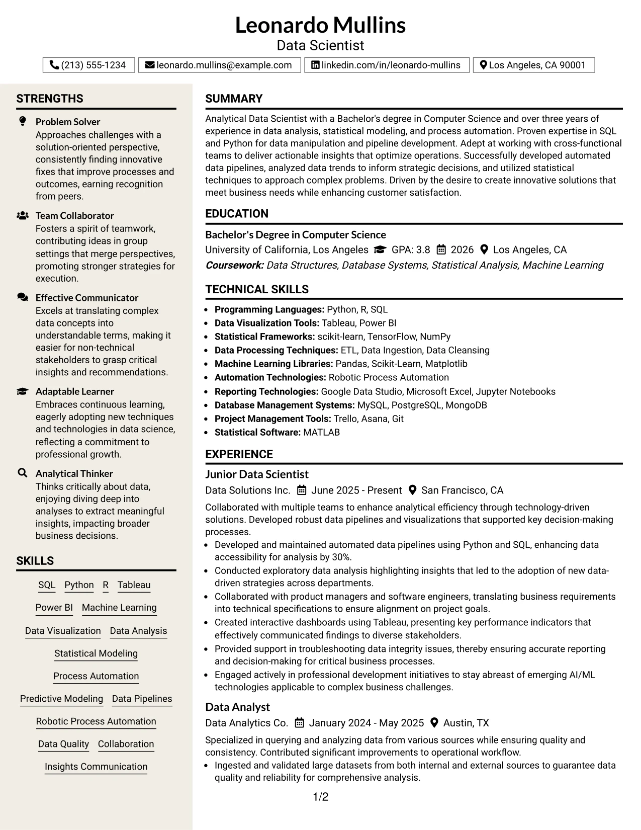 Resume Example Page 1
