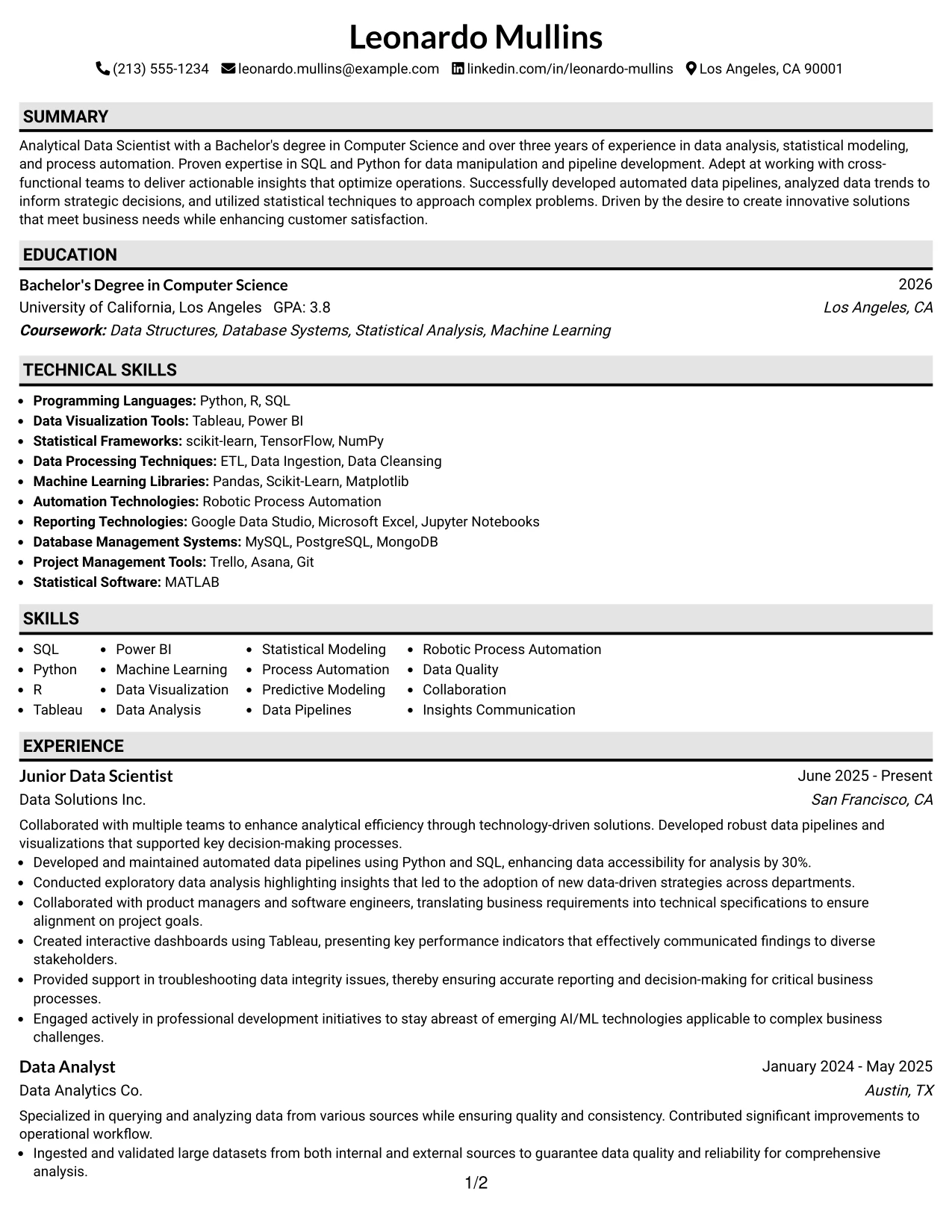 Resume Example Page 1