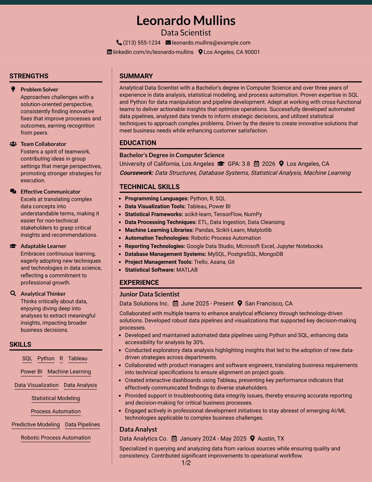 Resume Example Page 1