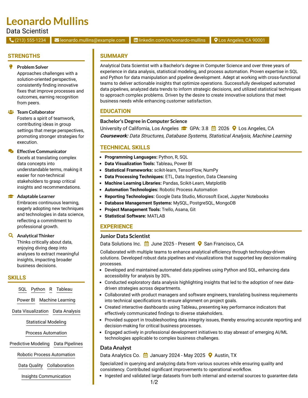 Resume Example Page 1
