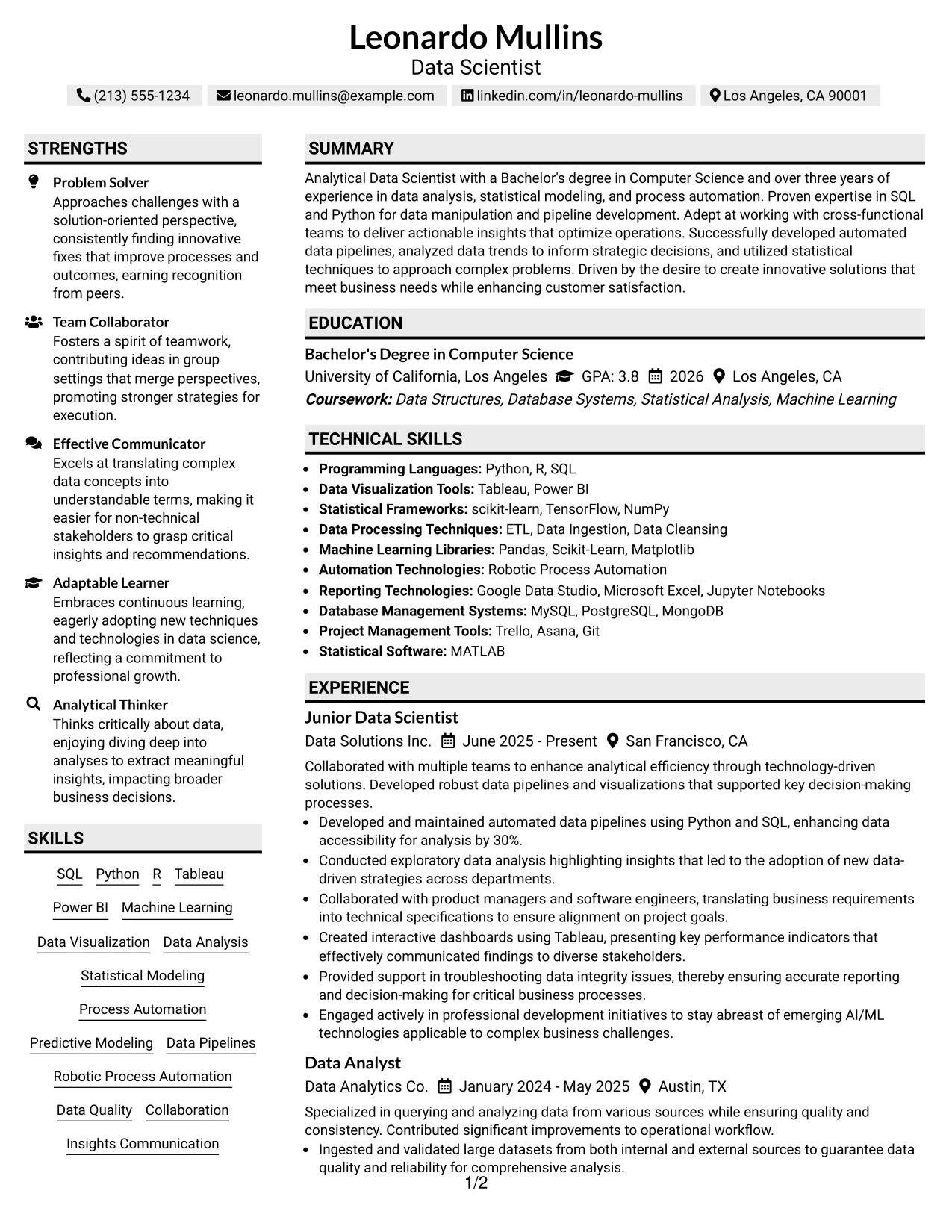 Resume Example Page 1