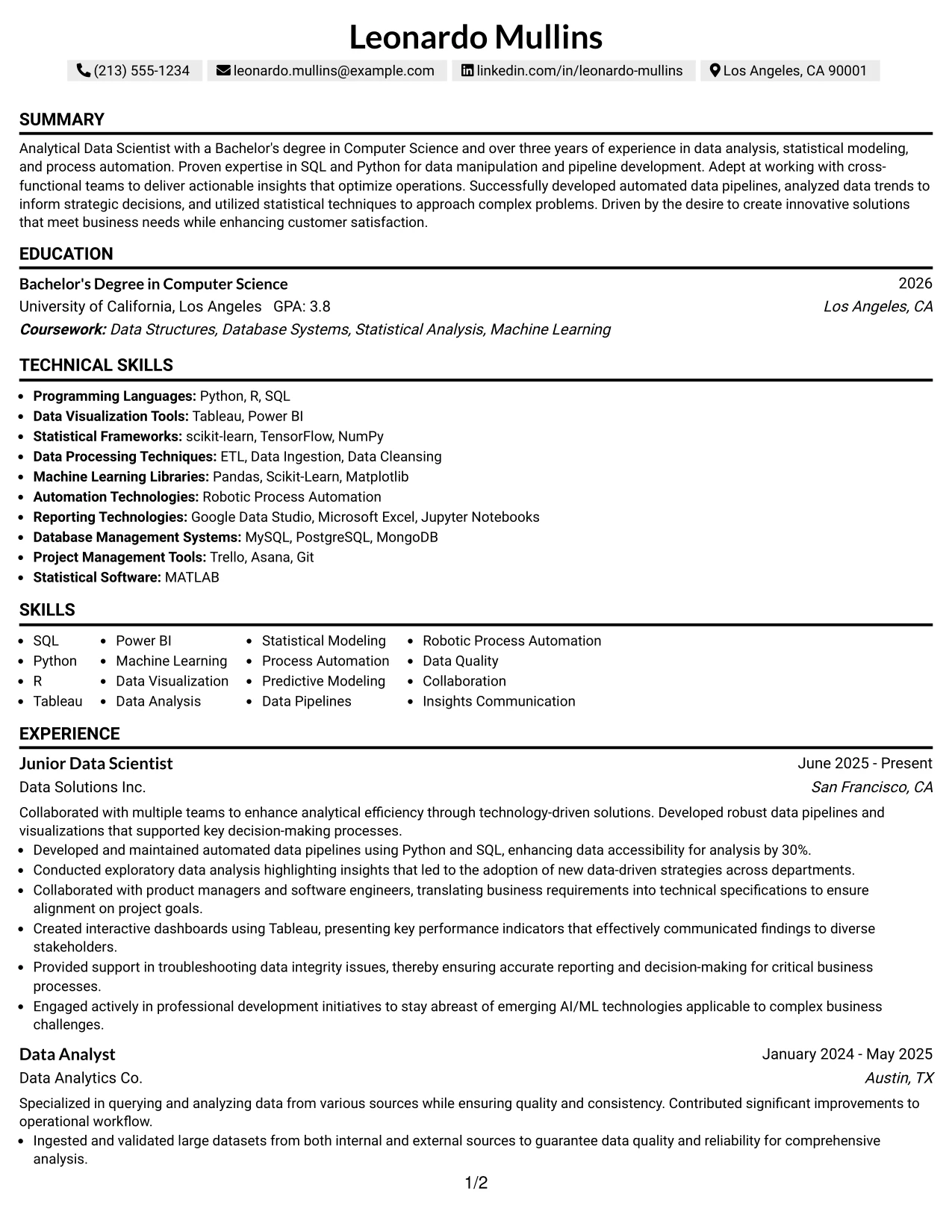 Resume Example Page 1