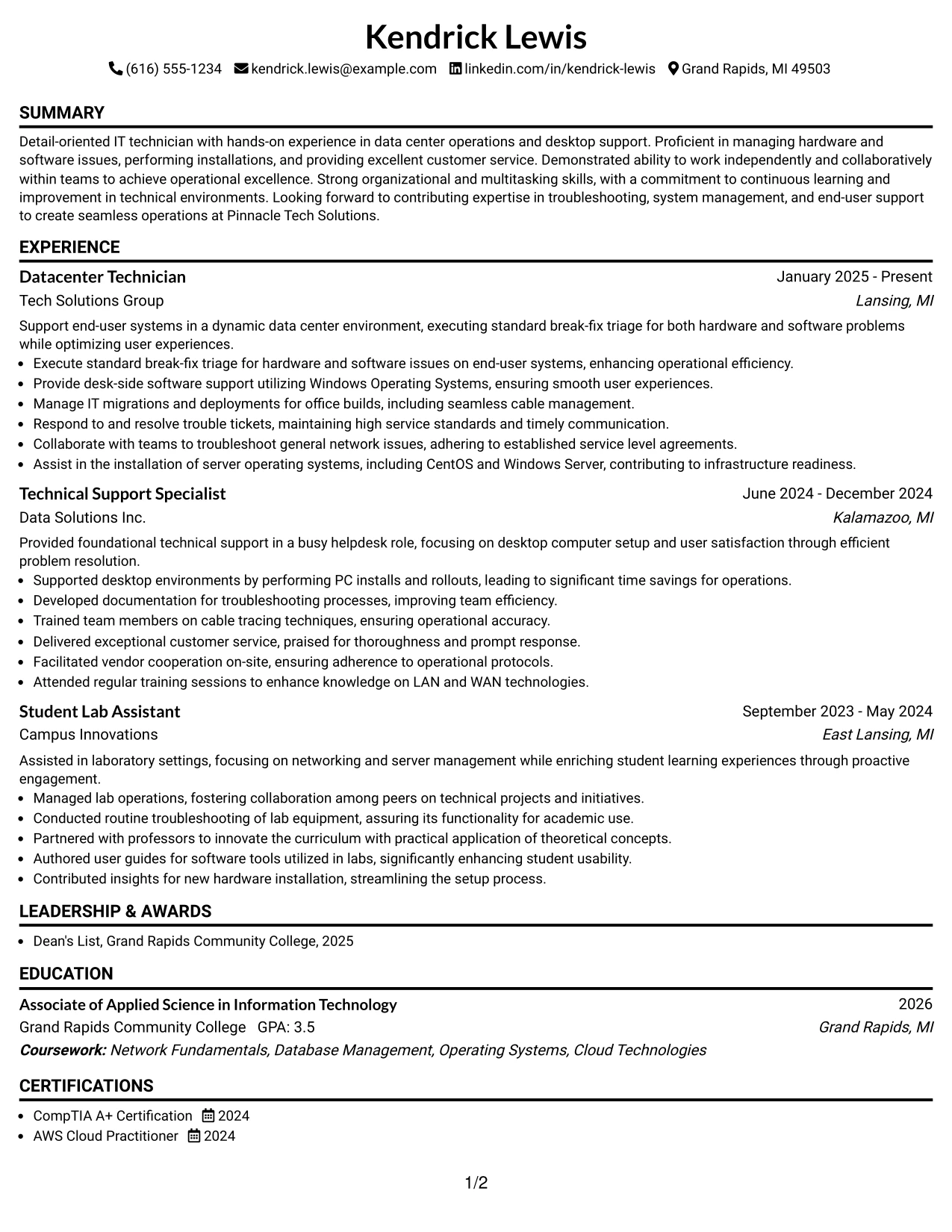 Resume Example Page 1