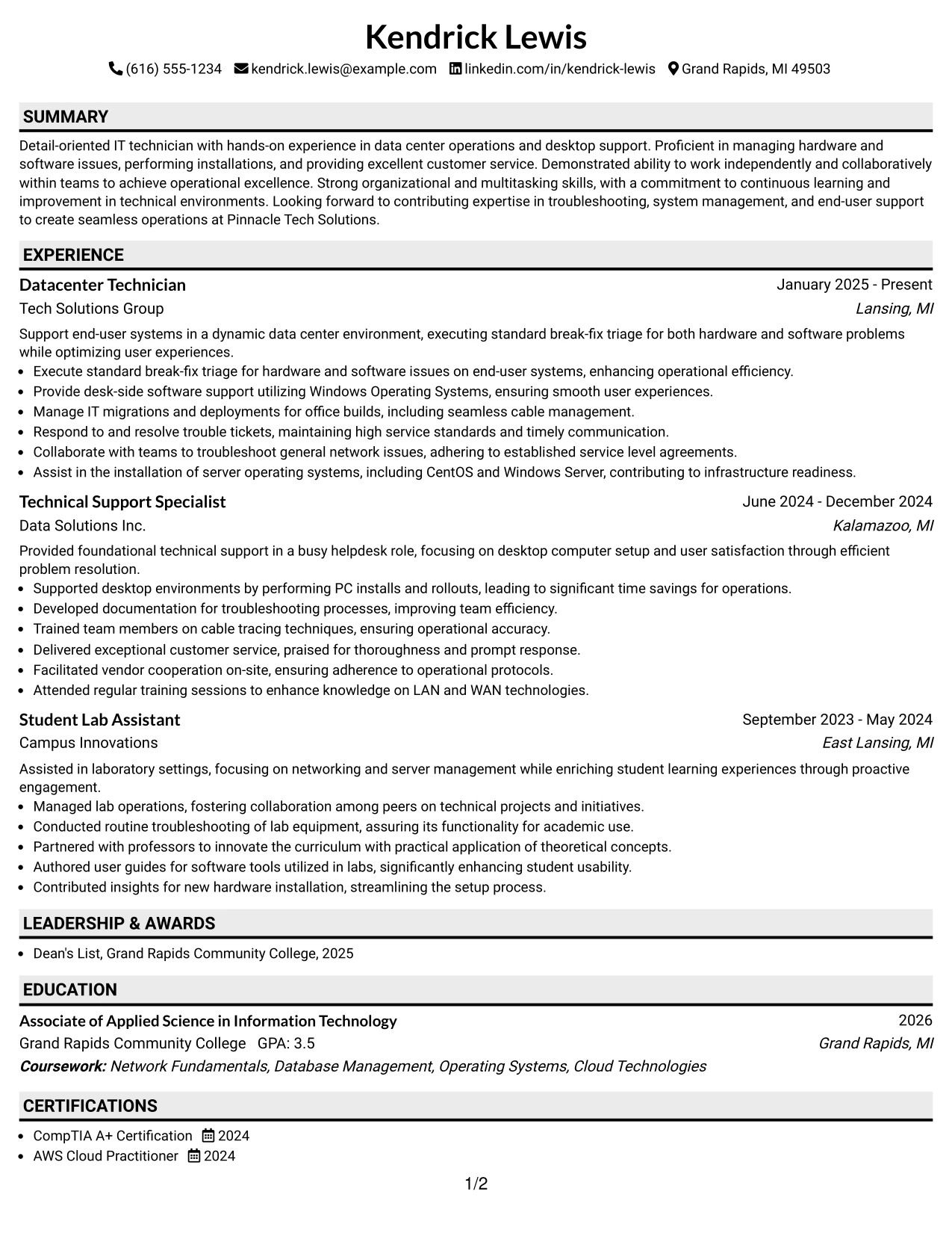 Resume Example Page 1