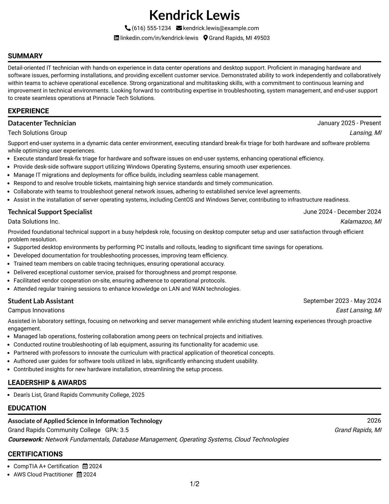 Resume Example Page 1