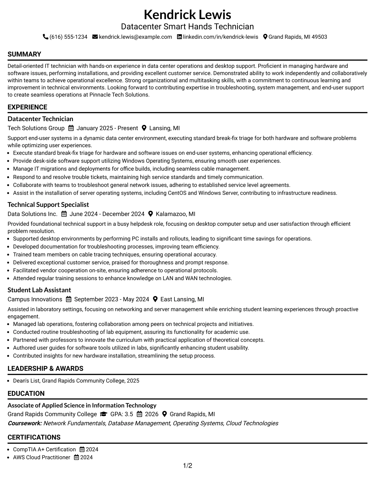 Resume Example Page 1