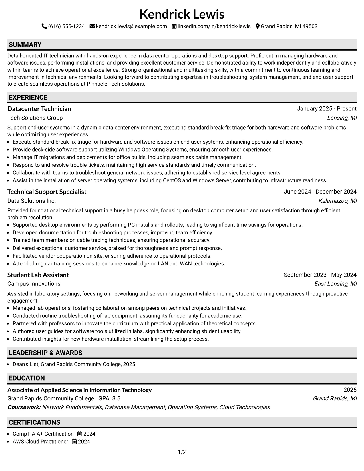 Resume Example Page 1